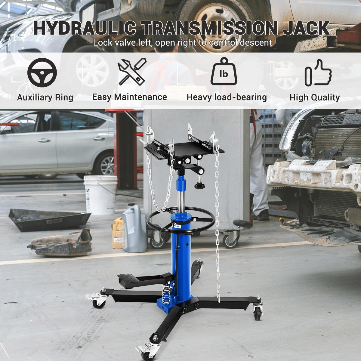 Hydraulic Transmission Jack, 1322 LB Capacity, 34-68 in, Heavy Duty Telescopic Transmission Jack Lift with Foot Pedal, 30° Tilt Saddle & 360° Swivel Wheels for Garage & Shop, Blue