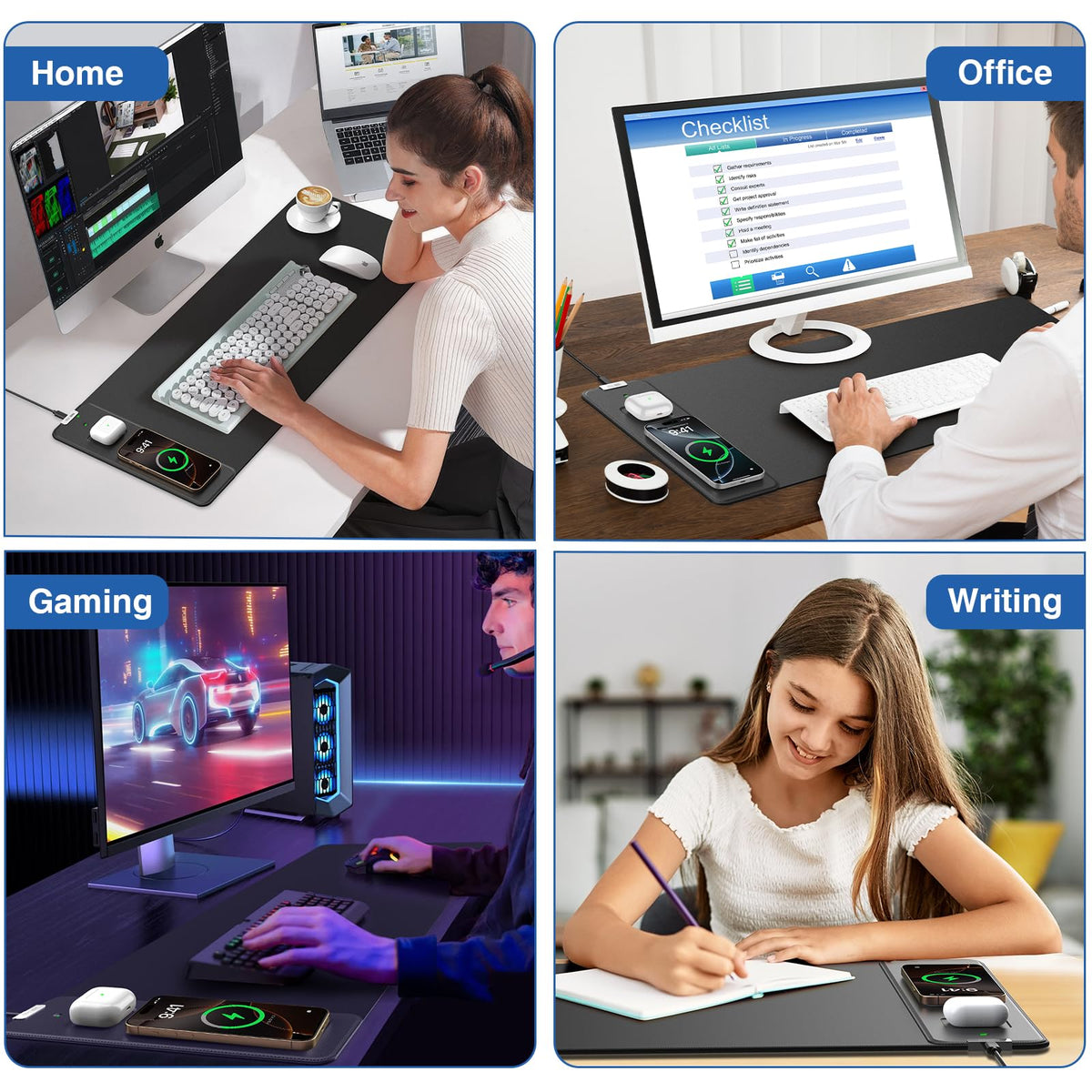 Magnetic Wireless Charging Mouse Pad, 27.5"x11.8" Gaming Desk Mat with Superior Stitched Edges, Non-Slip Base, Waterproof Smooth Desk Writing Pad for Gamer, Office & Home, Black