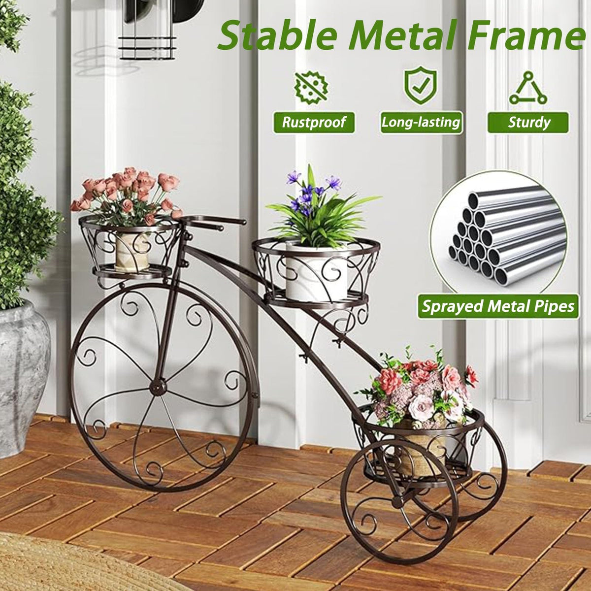 Planter Potted Holder Tricycle Plant Stand, Parisian Style Flower Display Stand Cart,3-Tier Metal Plant Stand Bicycle Flower Pot Cart with Hollowed Baskets for Patio,Garden,Deck,Lawn(Black)