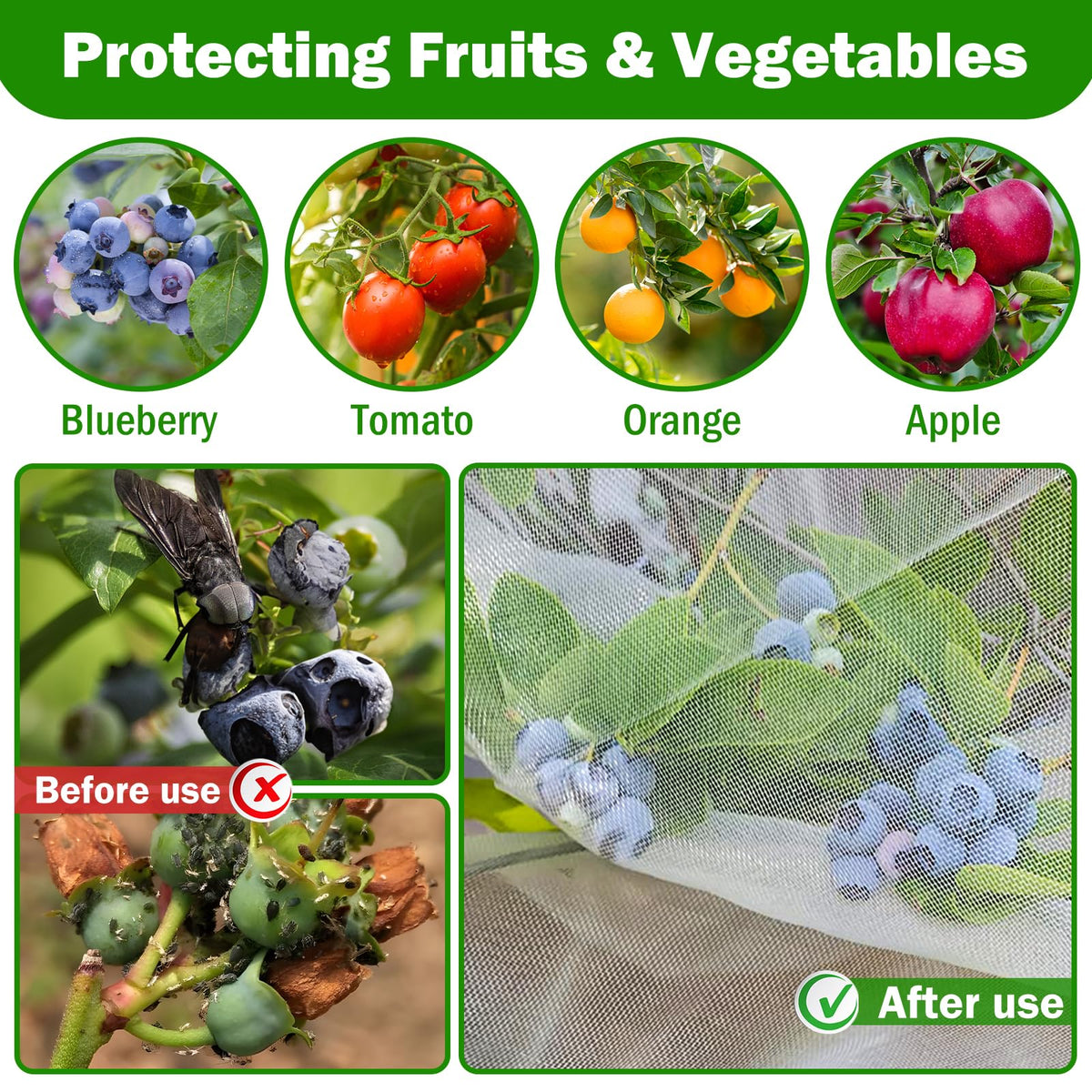 2 PCS Fruits Tree Netting Cover for Garden 3.3 x 4.9 ft Garden Insect Bird Barrier Plant Netting for Tomato Blueberry Bush Netting Covers Deer Cicada Netting Cover Bag with Drawstring
