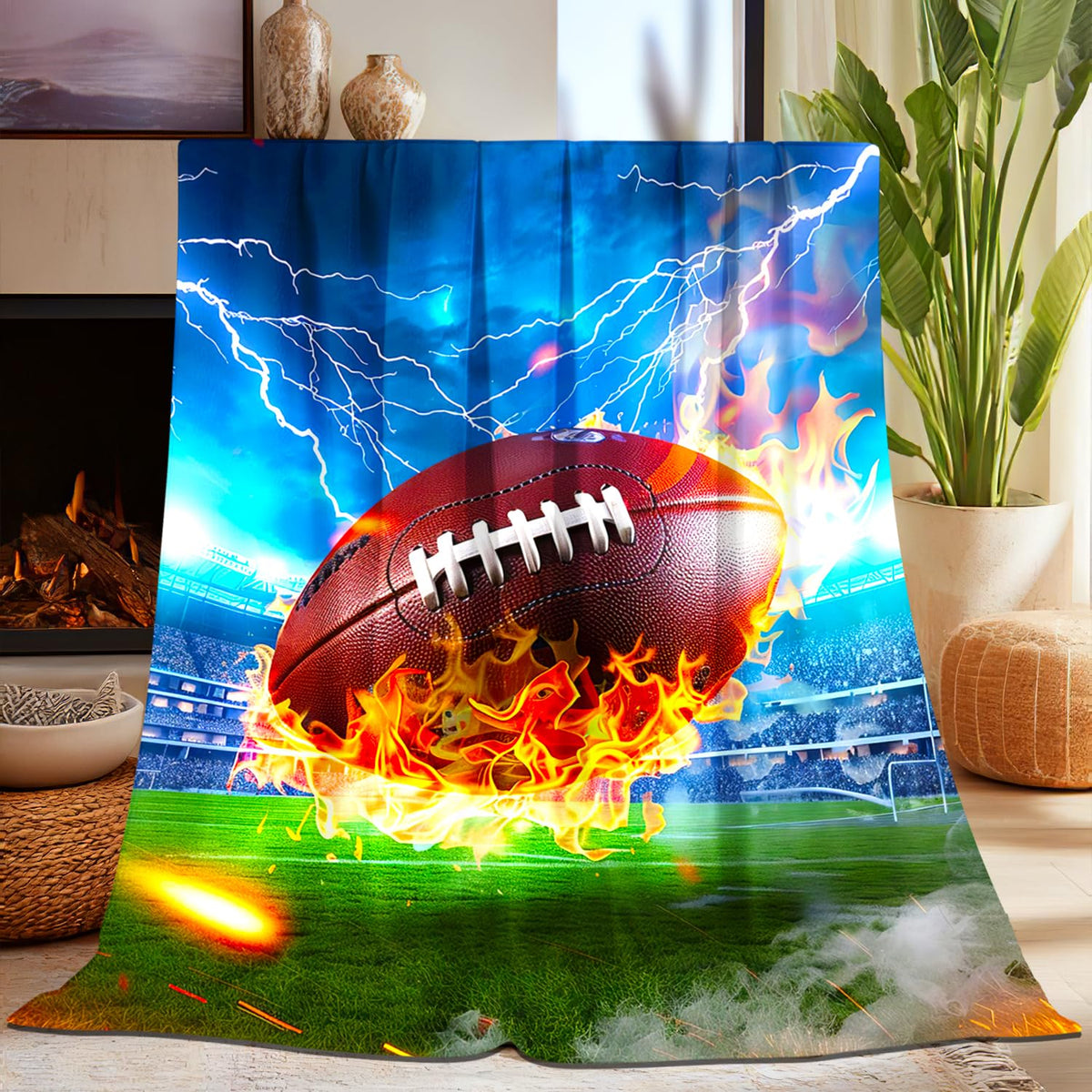 Football Blanket for Kids Adults, Super Soft Funny Cool Fire Blue Field Football Sport Throw Blanket Gifts for Kids Boys Girls Men Women, Warm Cozy Fuzzy Plush Fleece Flannel Blankets 50"x40"