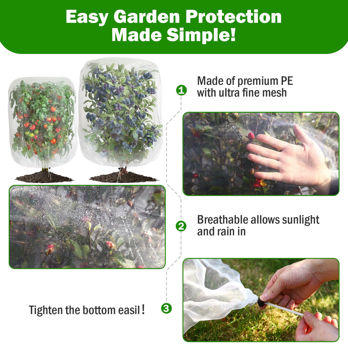 2 PCS Large Fruits Tree Netting Cover for Garden 2.6 x 3.3 ft Garden Insect Bird Barrier Plant Netting for Tomato Blueberry Bush Netting Covers Deer Cicada Netting Cover Bag with Drawstring
