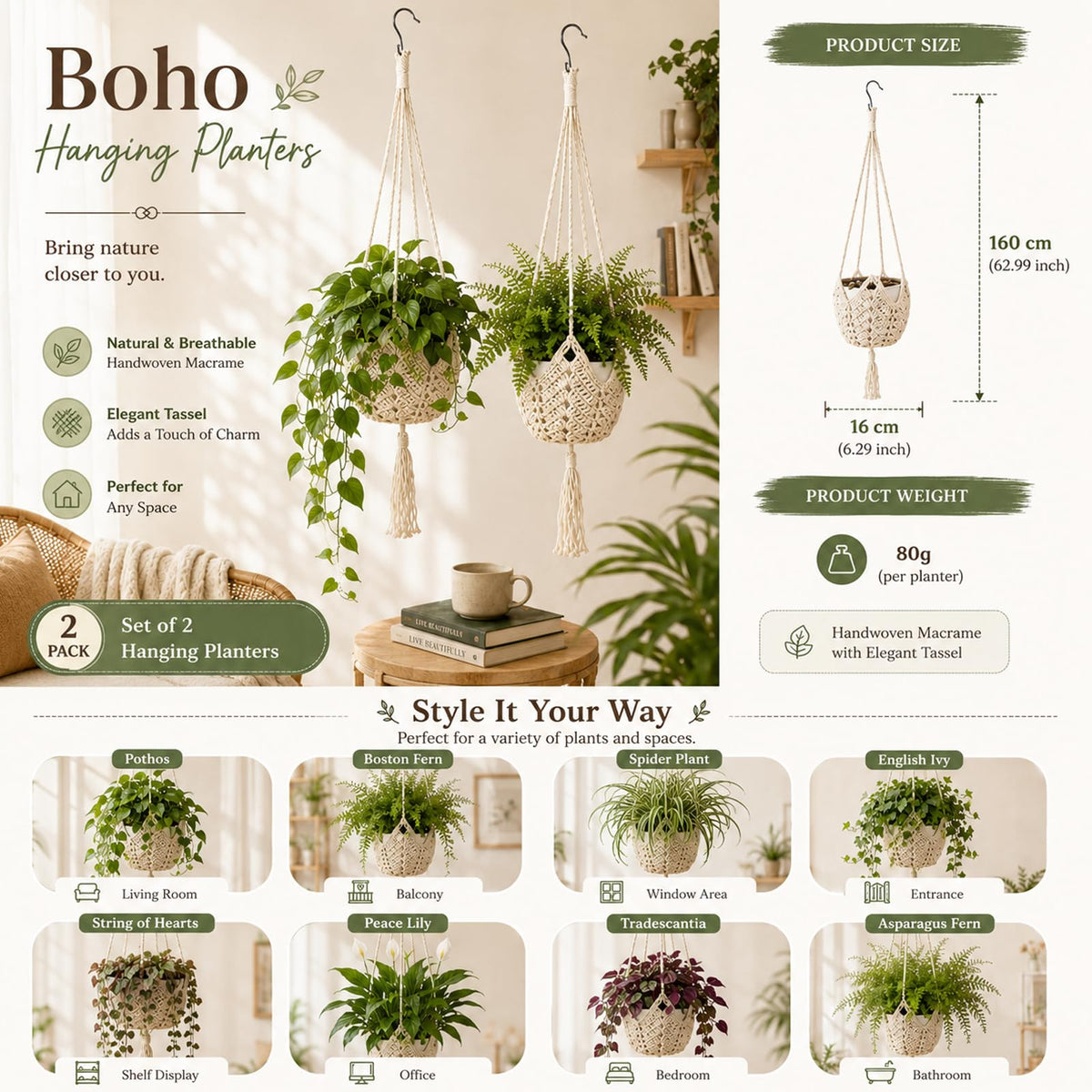 LAGWIUY 40 Inch Macrame Plant Hanger 2 Pack, White Hanging Planters with S-Shaped Hooks for Indoor Outdoor Plants, Home Decor