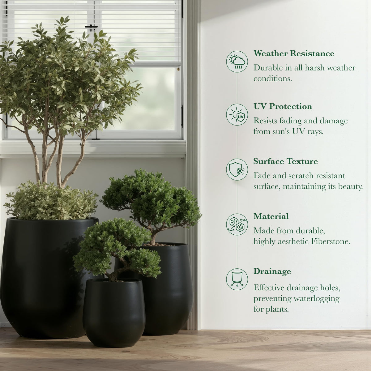DTY Premium Mt Wilson Tall Tapered Fiberstone Planter for Indoor Outdoor Use, Modern Large Olive Tree Pot with Drainage Hole, Includes 2 Coco Mats. Black, Large 20.1'' D x 21.9'' H. 15.4” Pot Opening