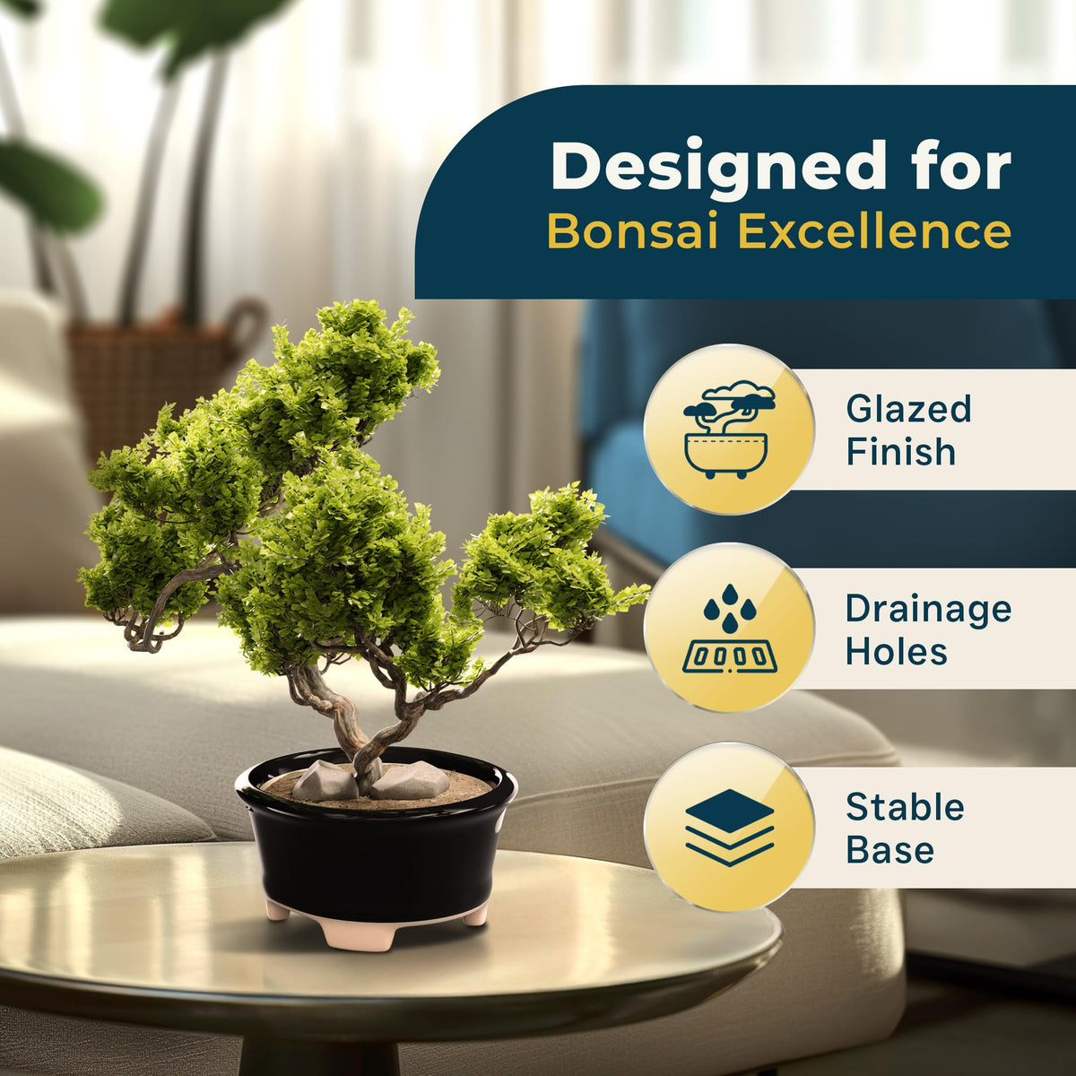 Glazed Ceramic Bonsai Pot | Decorative Planter for Dwarf Trees, Succulents, Small Plants | Small Container for Indoor and Outdoor Gardens, Table Centerpieces and Windowsill Décor | Black Oval