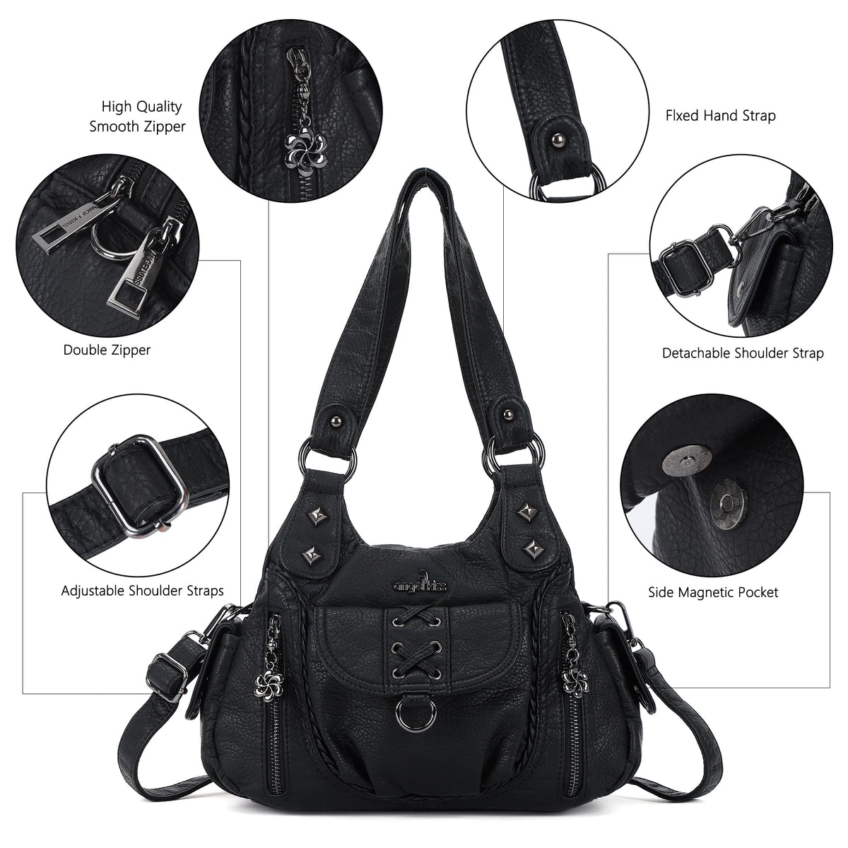 Angel Kiss Small Purses for Women Hobo Shoulder Bags Y2K Vegan Leather Multi-Pocket Handbags Designer Tote Bag with Crossbody Strap,Black