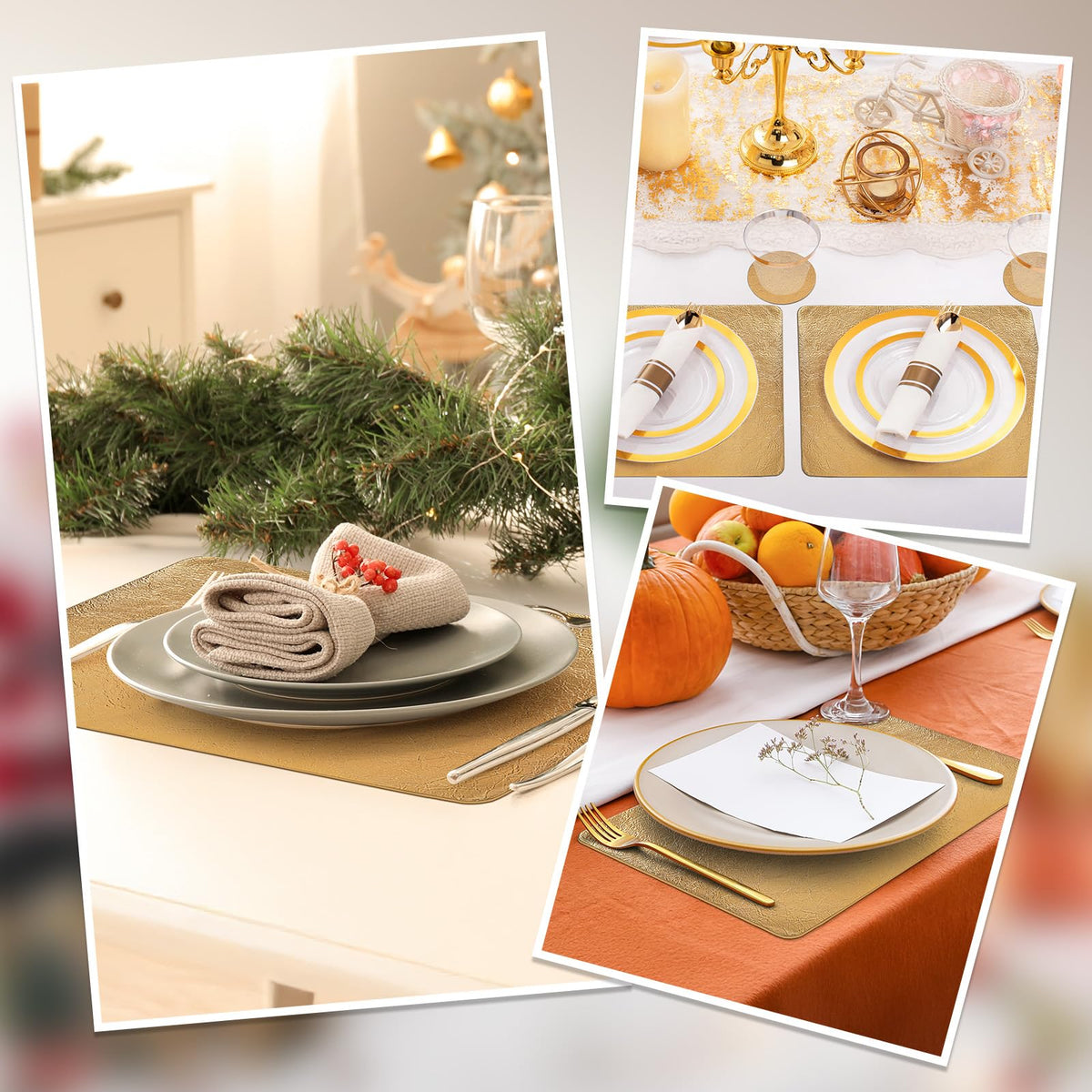 comfoyar Faux Leather Placemats Set of 6 with Coasters, 12x17inch Non-Slip Heat Resistant Dual-Sided Gold Crackled Place Mats, Washable Waterproof Table Mats for Kitchen Dining Party Table Decoration