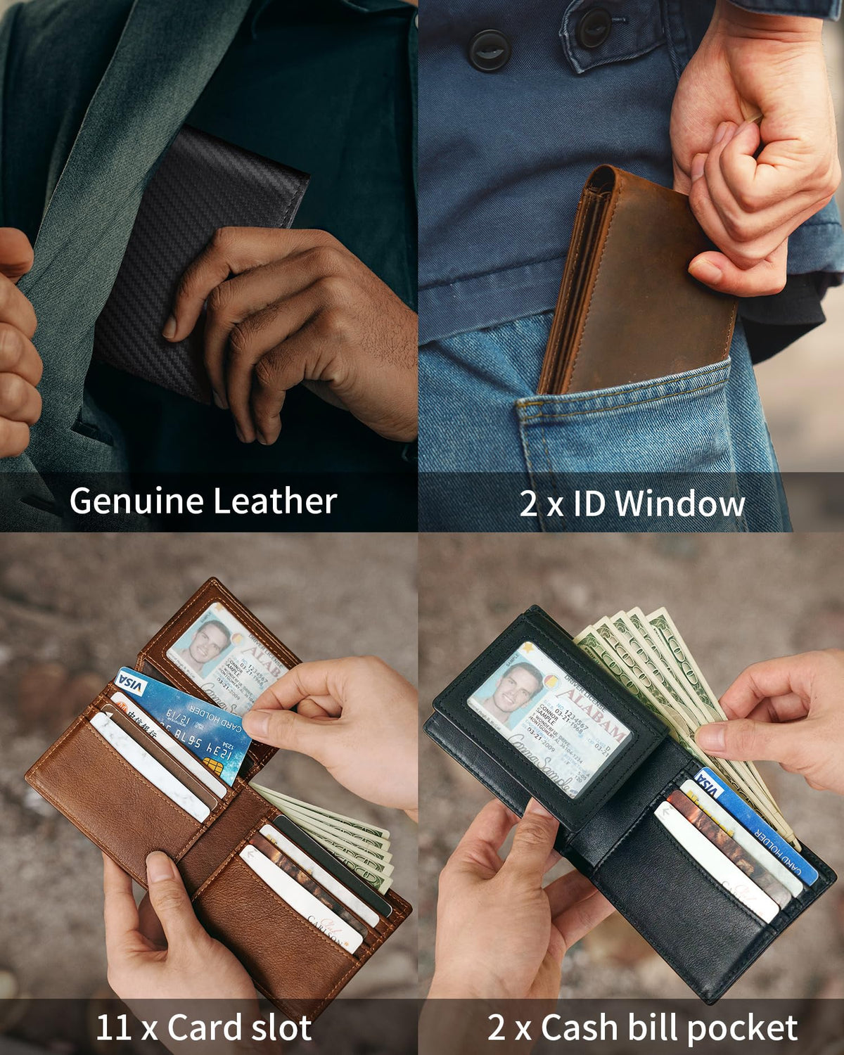 Plinvo Men's Genuine Leather Bifold Wallet RFID Blocking with 2 ID Windows 11 Card Slots 2 Cash Pockets & Gift Box (Black)