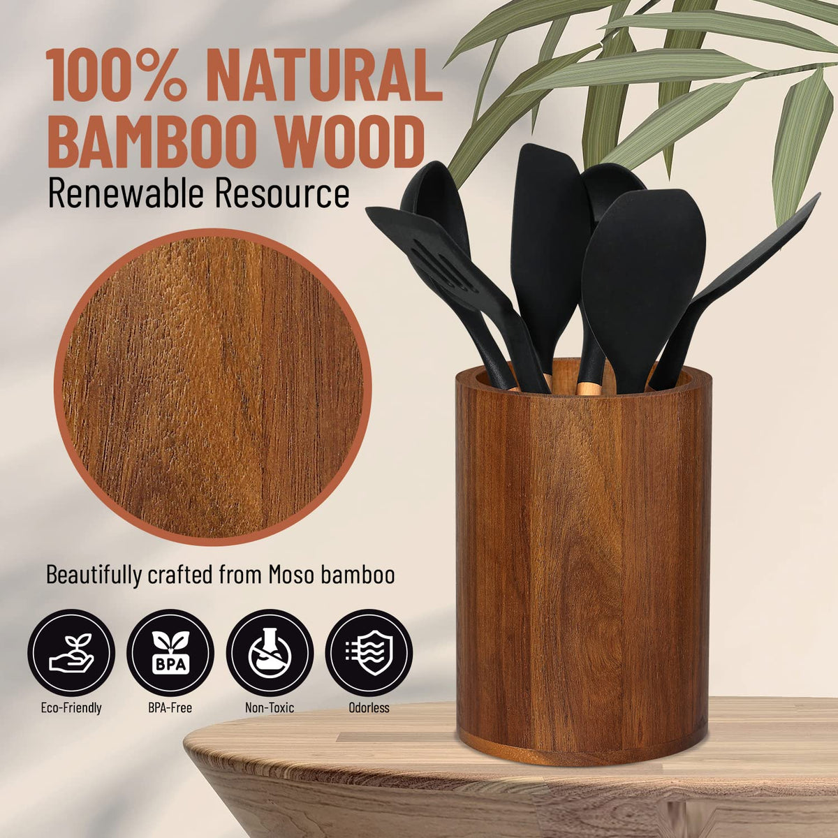 Homeries Acacia wood Utensil Holder for Kitchen Counter Decor, Cooking Utensil Holder Organizer - Kitchen Utensil Storage Organizer for Countertops, Pantry, Bathroom, Office & Center Table
