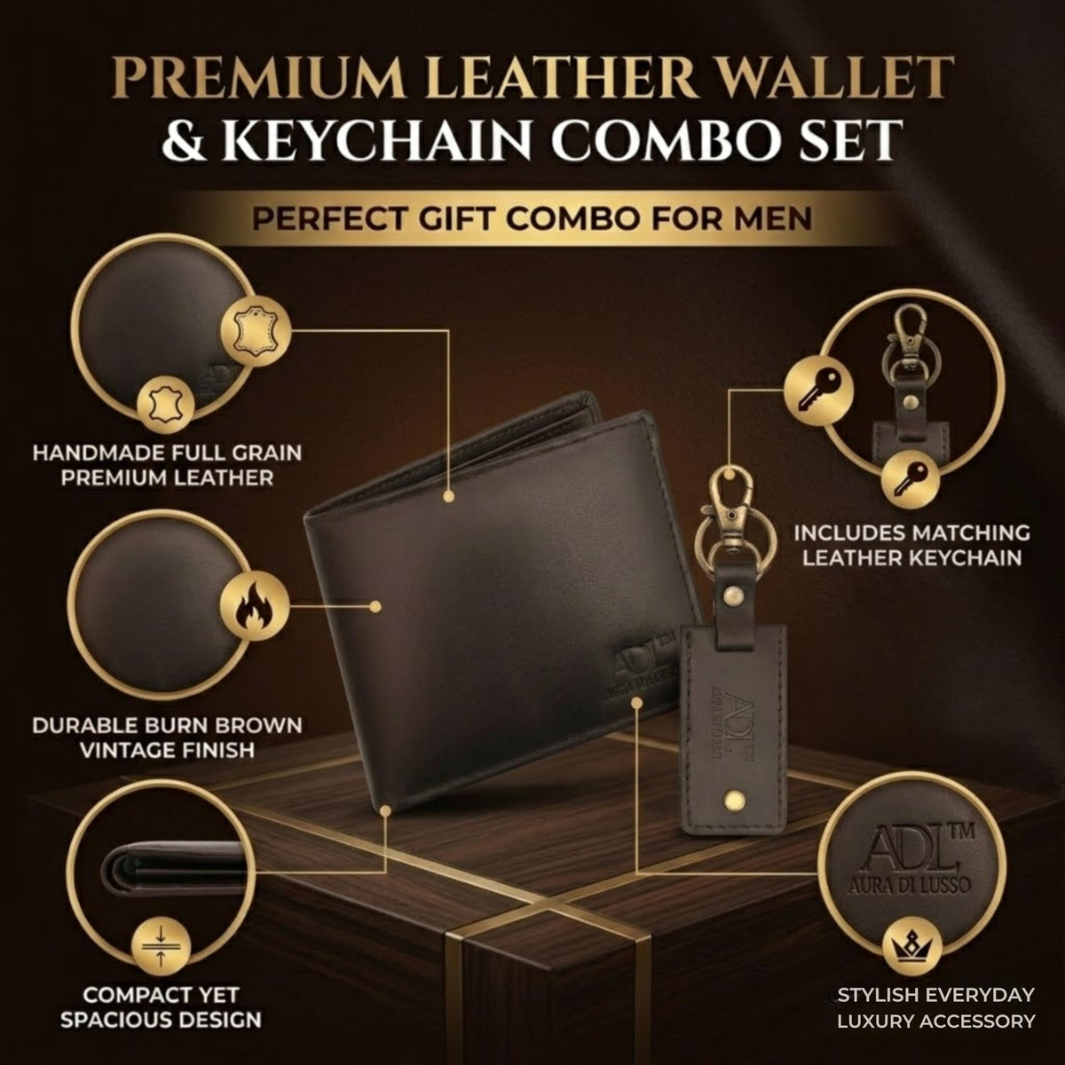 Aura Di Lusso Handmade Full Grain Premium Leather Wallet & Keychain Combo Set for Men | Stylish & Durable Gift Combo | Ideal for Everyday Use | Luxury Accessories for Men (Dark Brown)