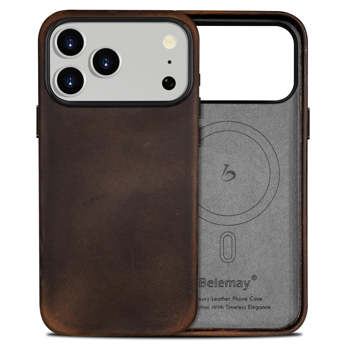 Belemay Handcrafted Crazy Horse Leather Case for iPhone 17 Pro Max, Compatible with MagSafe, Vintage Aesthetic, Two-Tone Effect, Unique Patina, Camera Control Button Coverage (6.9"), Rustic Brown