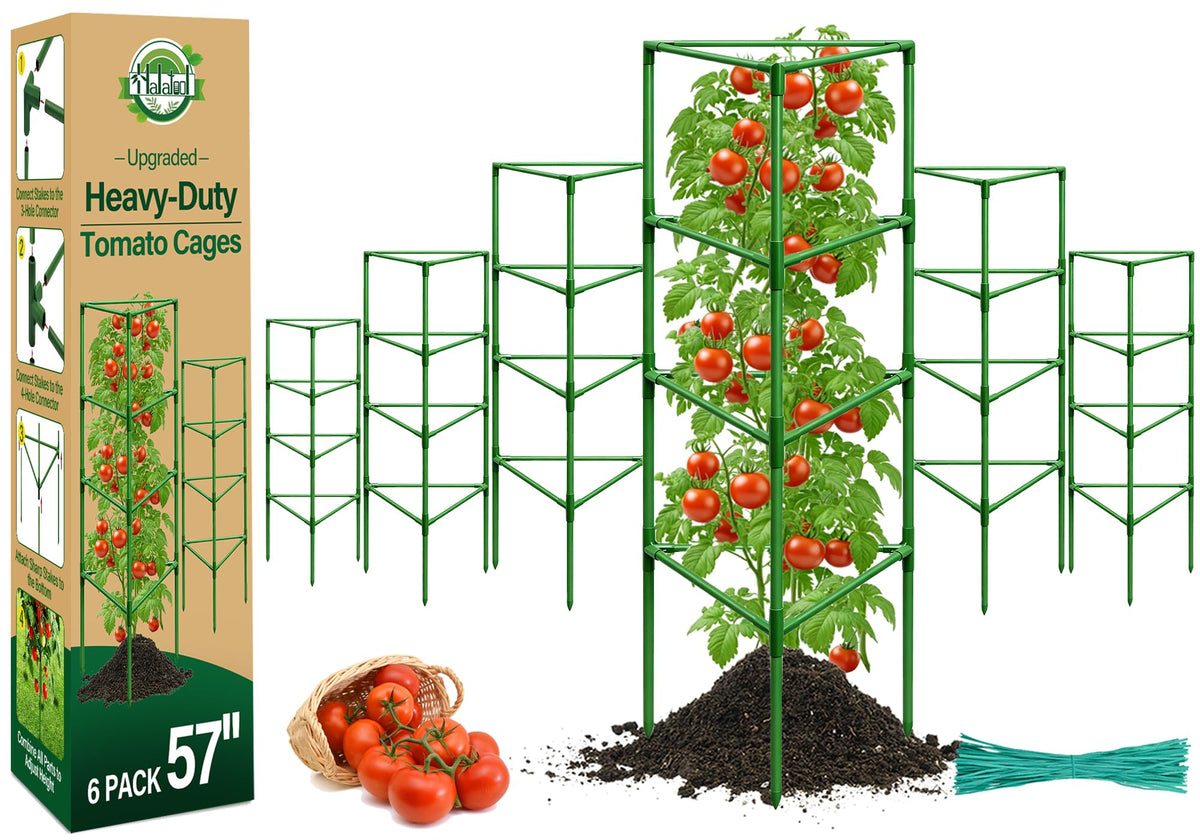 Halatool 6 Pack Heavy Duty Tomato Cages, 57 Inch Tall Metal Plant Supports Stakes for Outdoor Garden, Adjustable Foldable Steel Trellis for Climbing Plants Cucumbers Peppers Flowers Vegetables Fruits
