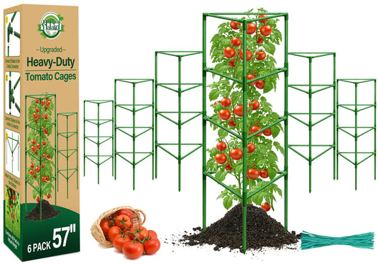 Halatool 6 Pack Heavy Duty Tomato Cages, 57 Inch Tall Metal Plant Supports Stakes for Outdoor Garden, Adjustable Foldable Steel Trellis for Climbing Plants Cucumbers Peppers Flowers Vegetables Fruits