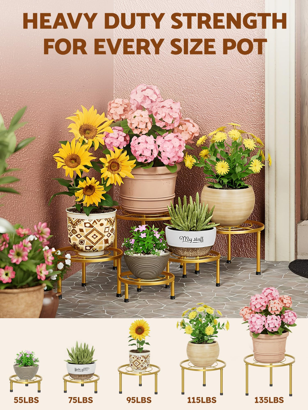 NQW 5 Pack Metal Potted Plant Stands,Flower Pot Stand Holder,Heavy Duty Plant Shelf for Multiple Plant,Rustproof Planter Container Round Supports Display Rack for Home(GoldCircle)