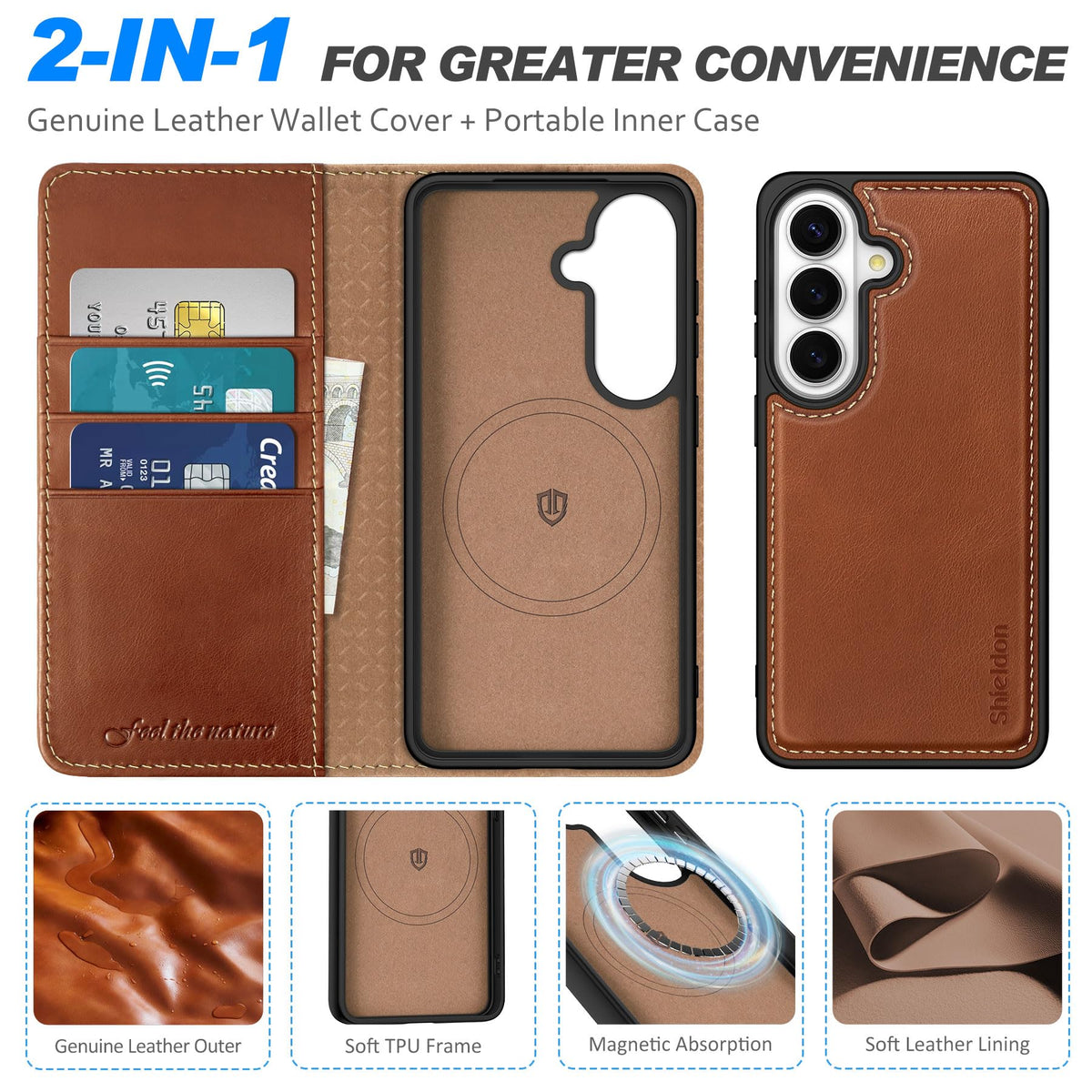 SHIELDON Detachable Wallet Case for Galaxy S26 6.3-inch, Genuine Leather, 2-in-1, Wireless Charging, Magnetic Closure, RFID Blocking Credit Card Slot, Kickstand, Full Protective Cover - Retro Brown