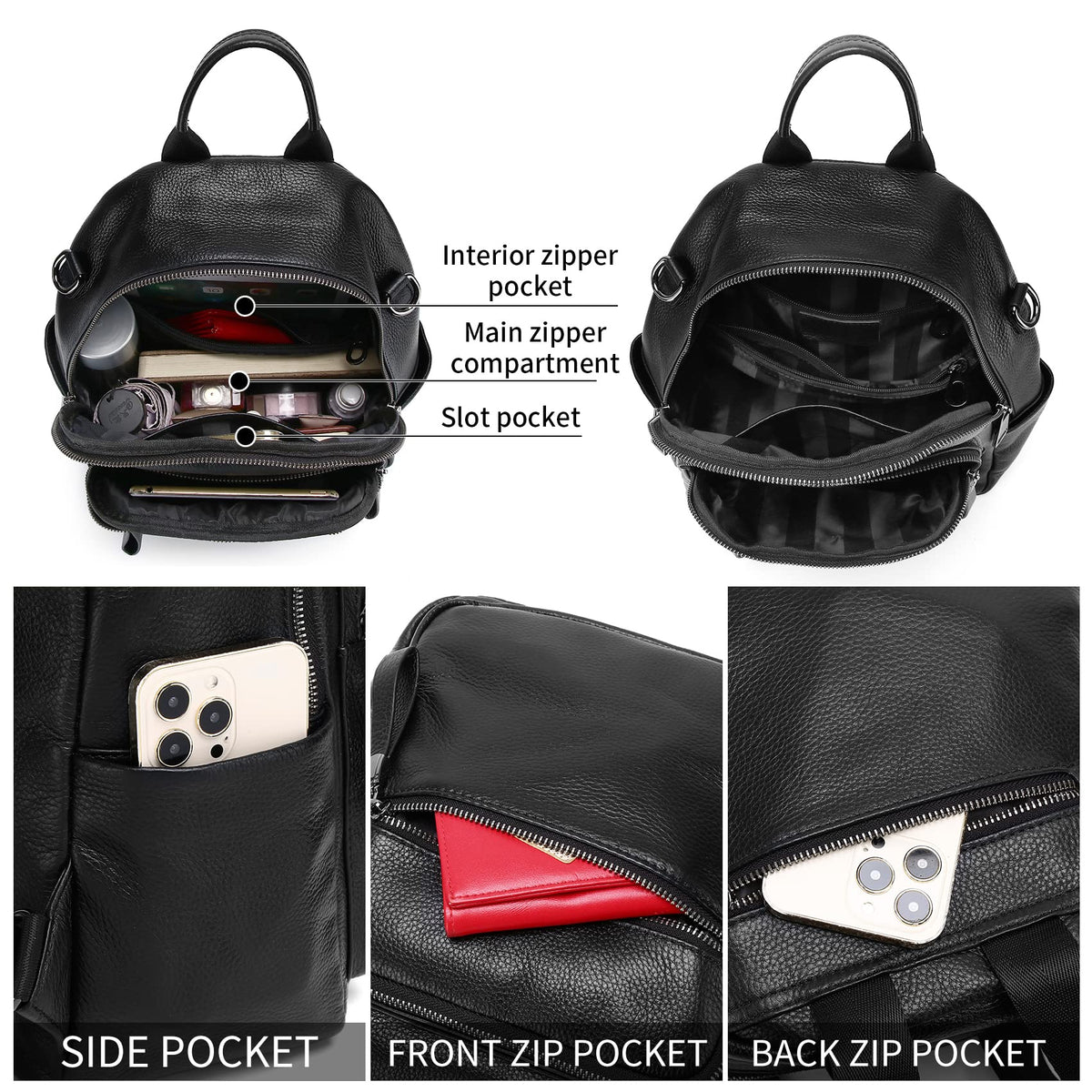 Wesccimo Genuine Leather Backpack Purse For Women Black Real Soft Leather Fashion Designer Convertible Ladies Shoulder Bag