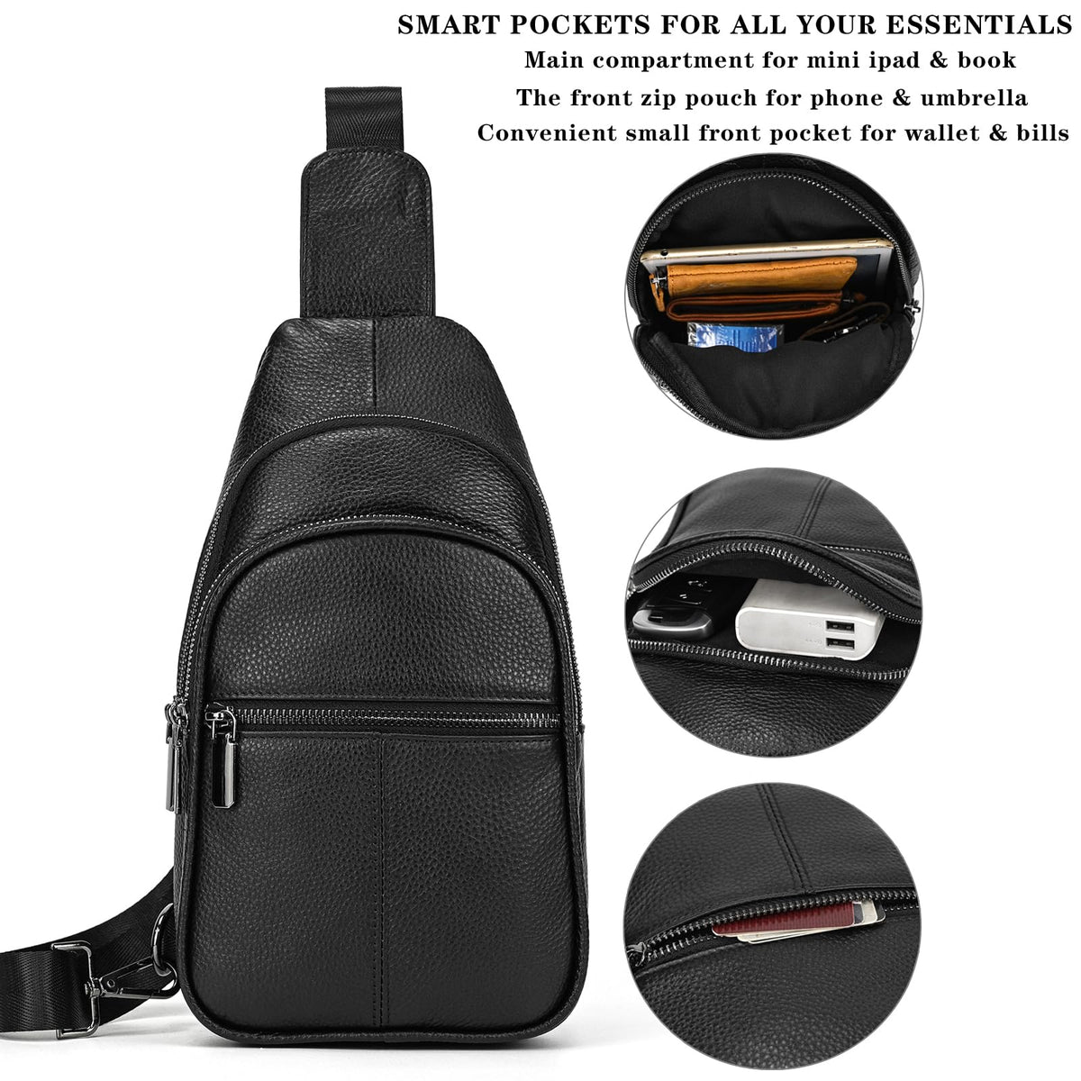 Small Leather Sling Bag Crossbody for Men Women One Strap Shoulder Cross Body Bag Sling Backpack for Travel, 9342 Black