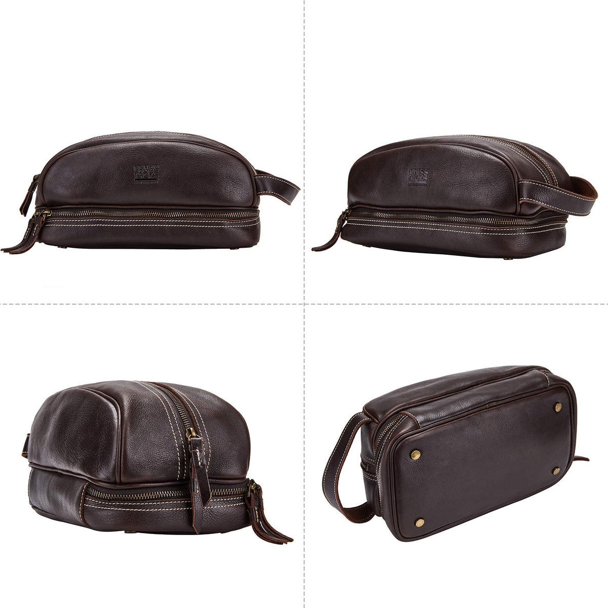 BRASS TACKS Leathercraft Travel Toiletry Organizer Dopp Kit Water-resistant Genuine Leather Shaving Bag for Toiletries Accessories For Men Women (Dark Brown)