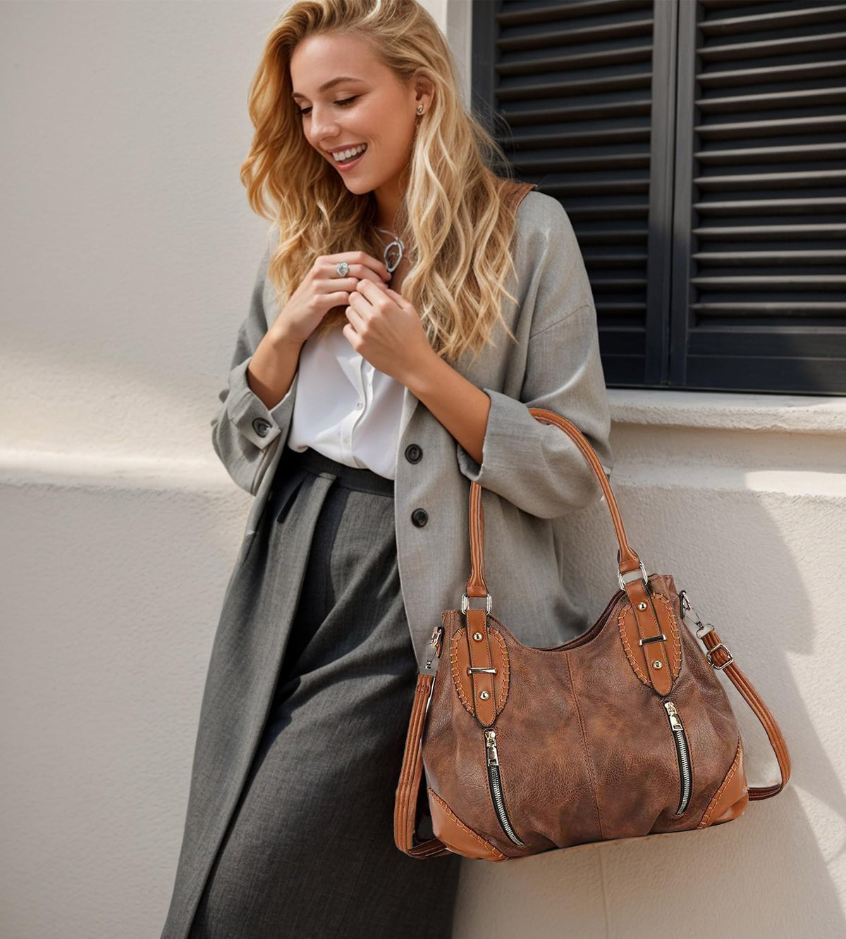 myfriday Vintage Large Leather Tote Handbags for Women, Soft Hobo Shoulder Bag Satchel Purse with Adjustable Strap