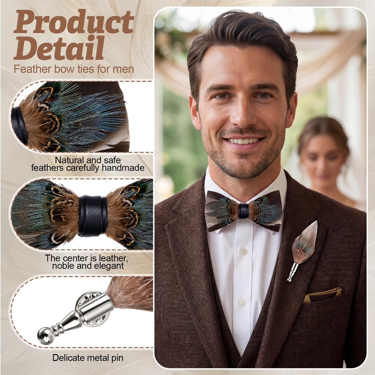 Suhine Pre Tied Feather Bow Tie for Men, Handmade Formal Bow Tie with Brooch, Wood Gift Box Set for Wedding Tuxedo Party (Brown Turquoise)