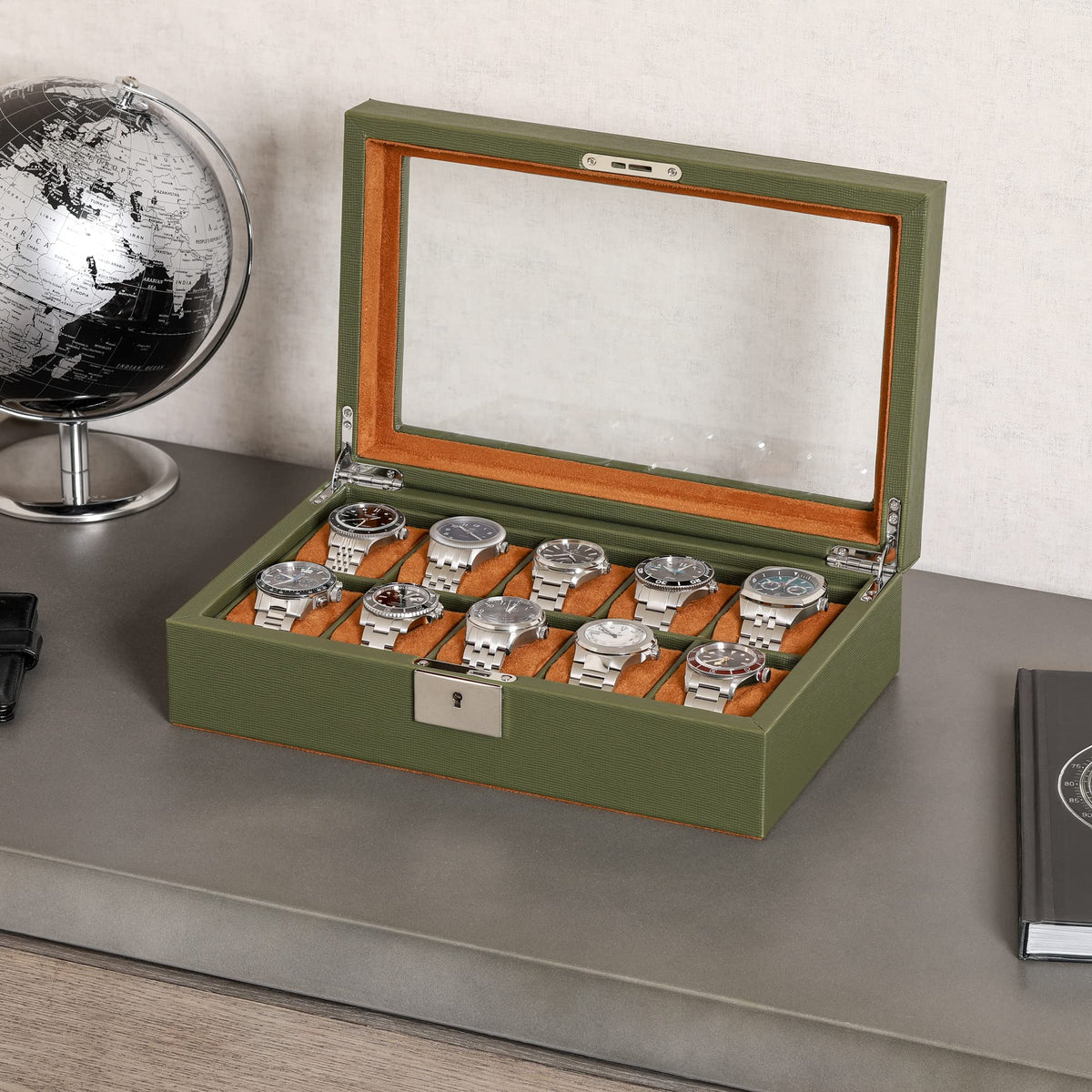 ROTHWELL 10 Slot Leather Watch Box - Luxury Case Display Jewelry Organizer - Locking Watch Display Case Holder with Large Glass Top - Box Organizer for Men and Women (Green/Tan)