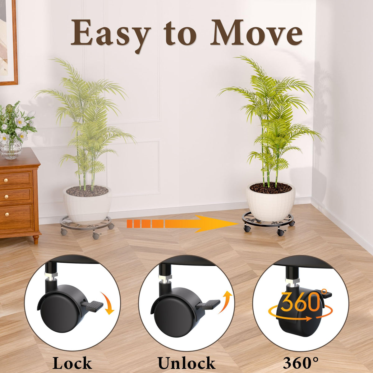 KOOKASHOP 10" Plant Caddy with Wheels, 1 Pack Plant Stand with Wheels, 360° Lockable Plant Rollers Plant Dolly, Plant Tray with Casters for Indoor and Outdoor.