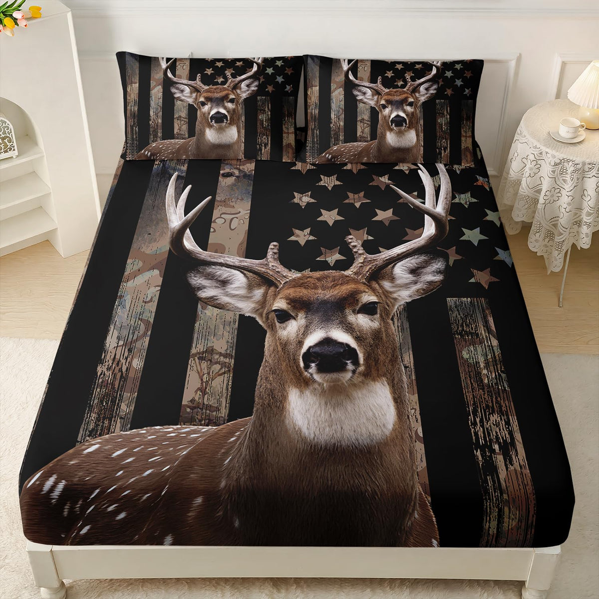 HOSIMA Deer Hunting Camo Bedding,Hunter Bedding Set American Flag Fitted Sheet Set Full Size for Adult Teen Boy Bedroom Decor,1 Fitted Sheet+2 Pillowcases.