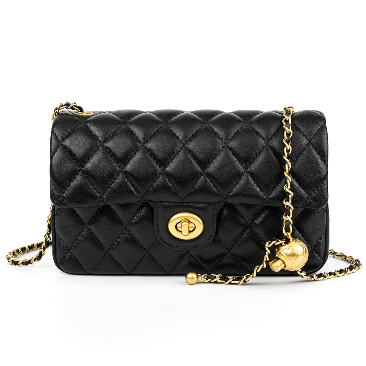 DORIS&JACKY Small Quilted Crossbody Purse for Women, Designer Lambskin Shoulder Cellphone Purse with Twist Lock and Chain Strap (Black)
