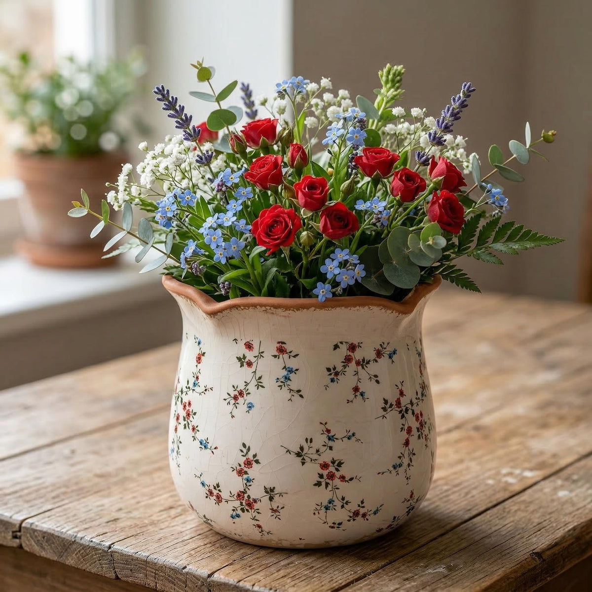 behen bahen Vintage Ceramic Planter Pot with Drainage Holes, Green Floral Design, 6.11 Inch, Distressed Tuscan Style, Indoor Plant Pot and Vase (Small Red Blooms)