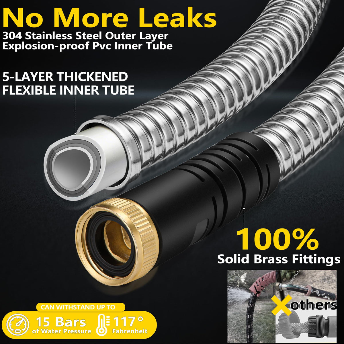 150 ft Stainless Steel Garden Hose - 2026 New Upgraded Metal Water hose - Flexible Water Hoses Pipes with Latex Core, 3/4" Solid Brass Connector - No-Expandable Watering Garden Hoses