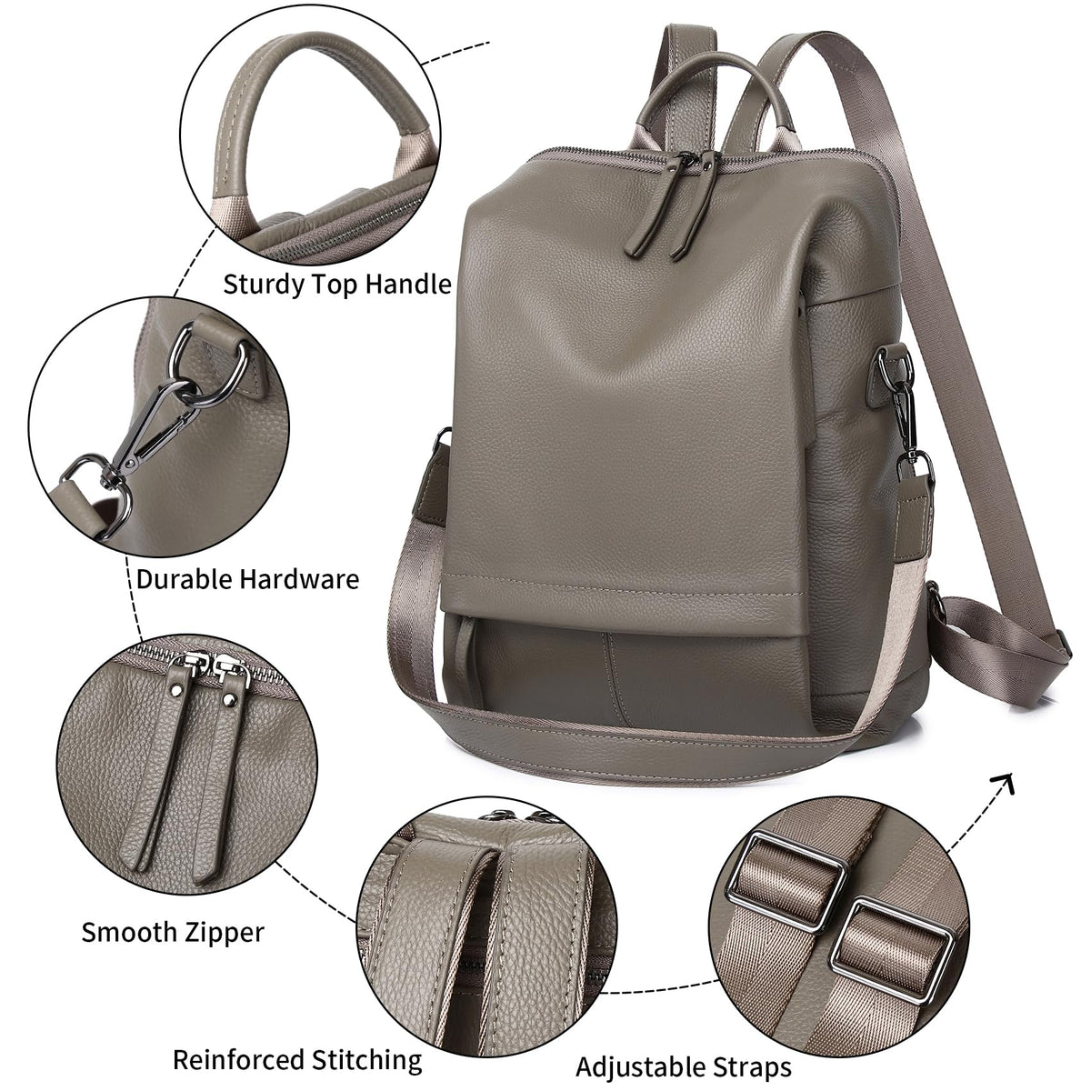 Wesccimo Genuine Leather Backpack Purse for Women, Fashion Designer Soft Backpack with Large Compartment Grey
