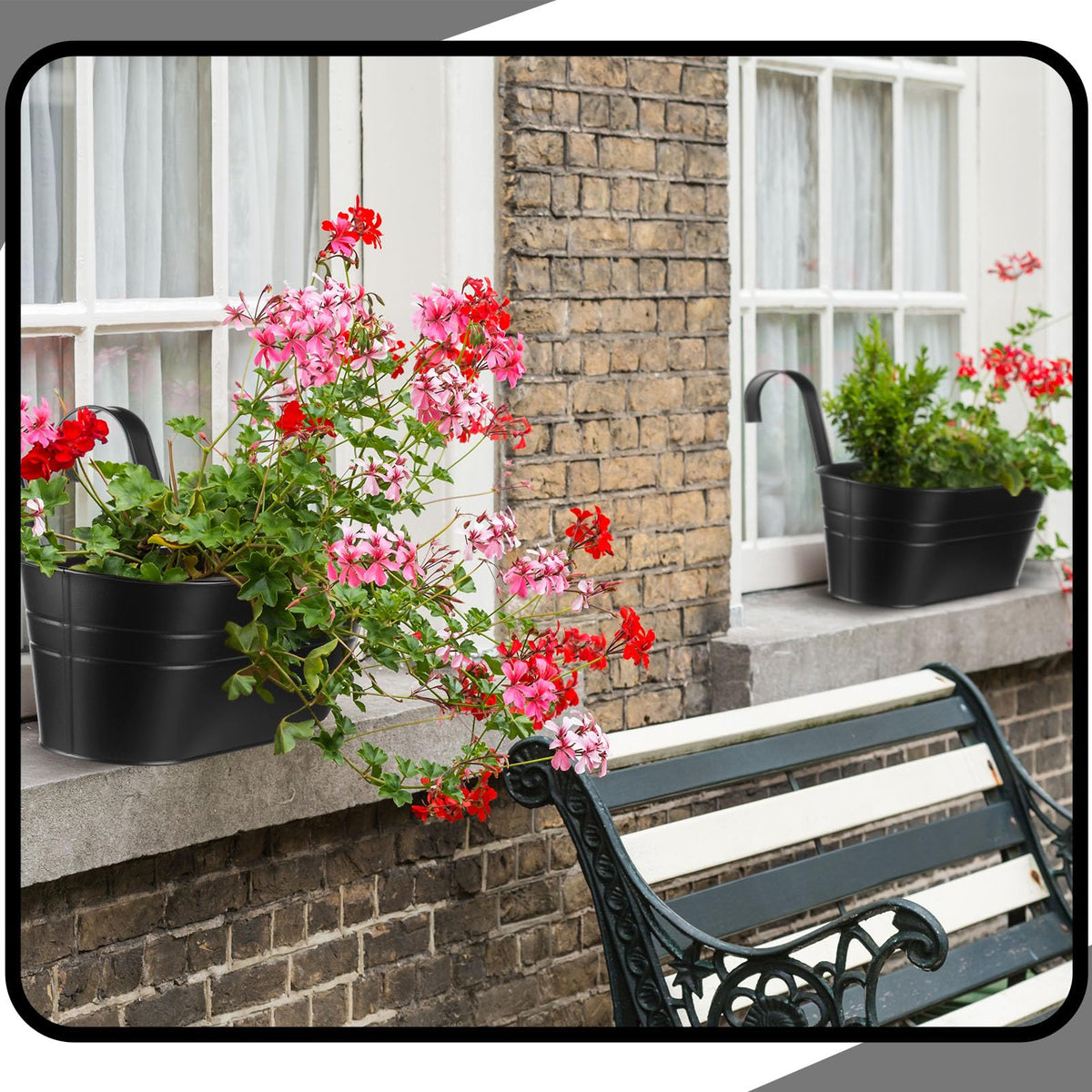 Hicarer Metal Hanging Flower Pots for Railing Fence, Large Hanging Rail Planters for Outdoor Window Balcony Plants Holder with Hooks for Garden Yard Home Decor(Black,4 Pcs)