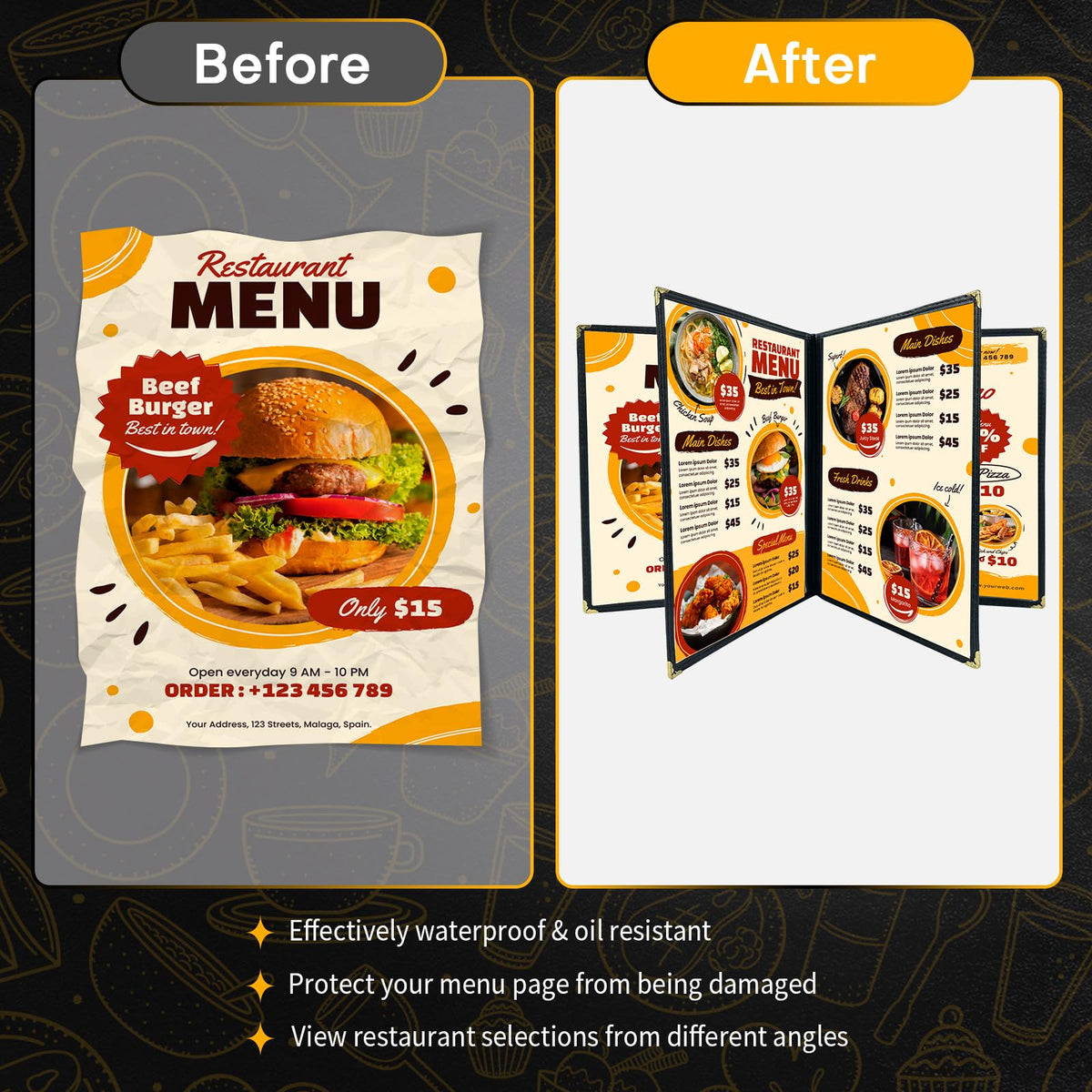 FLKQC Menu Covers 8.5 x 11 | Pack of 30 Restaurant Recipe Menu Covers Transparent Restaurant Menu Covers for Kitchen, Drink, Wine Menu Covers Black (8.5"x 11" (4 Pages, 8 View))