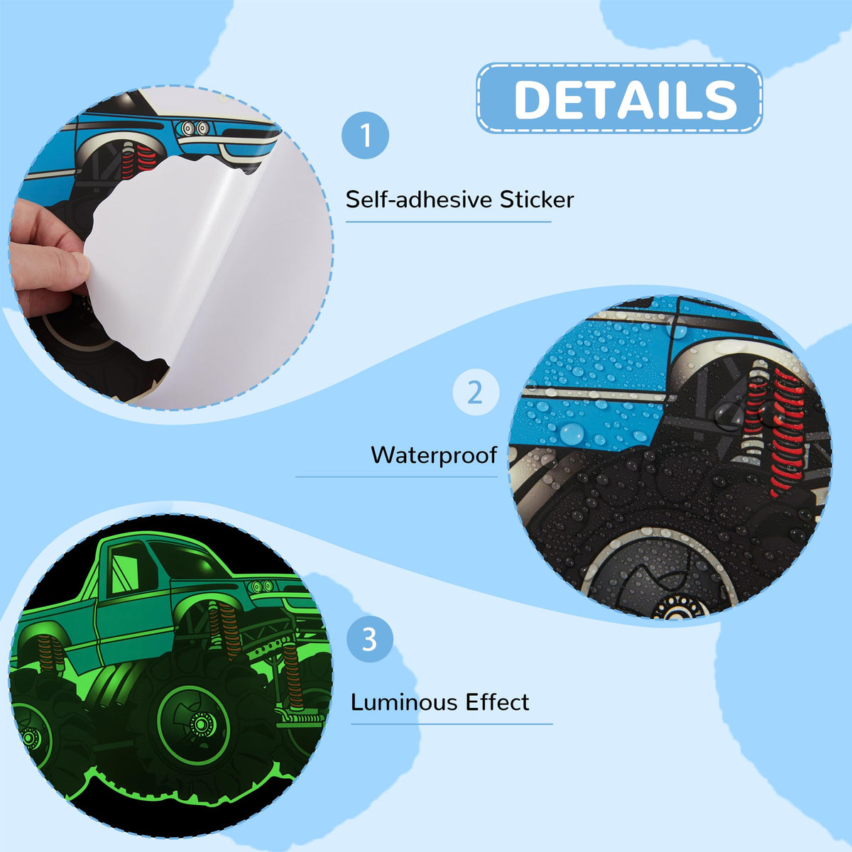 Glow in The Dark Racing Car Wall Stickers, Truck Kids Bedrooms Wall Decals, Racing Theme Big Foot Truck Ceiling Decor, Nursery Classroom Playroom Home Decor Gifts