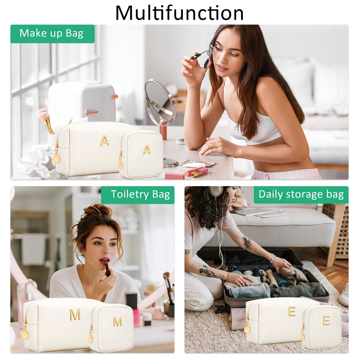 CLOUDWINGS Personalized Birthday Gifts for Women - Initial Makeup Bag Set Travel Toiletry Bag Cosmetic Bags Soft Waterproof PU Leather Makeup Pouch Travel Essentials (E, 2pcs Beige)
