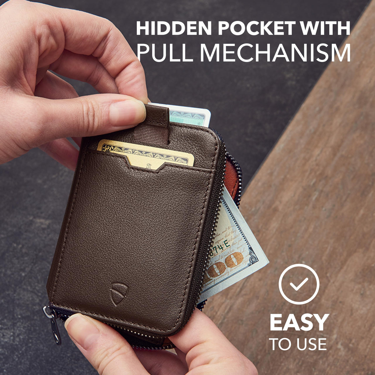 Vaultskin NOTTING HILL Minimalist Leather Zipper Wallet for Women and Men: Slim Multi Cardholder with RFID Blocking and Keychain Ring (Brown)