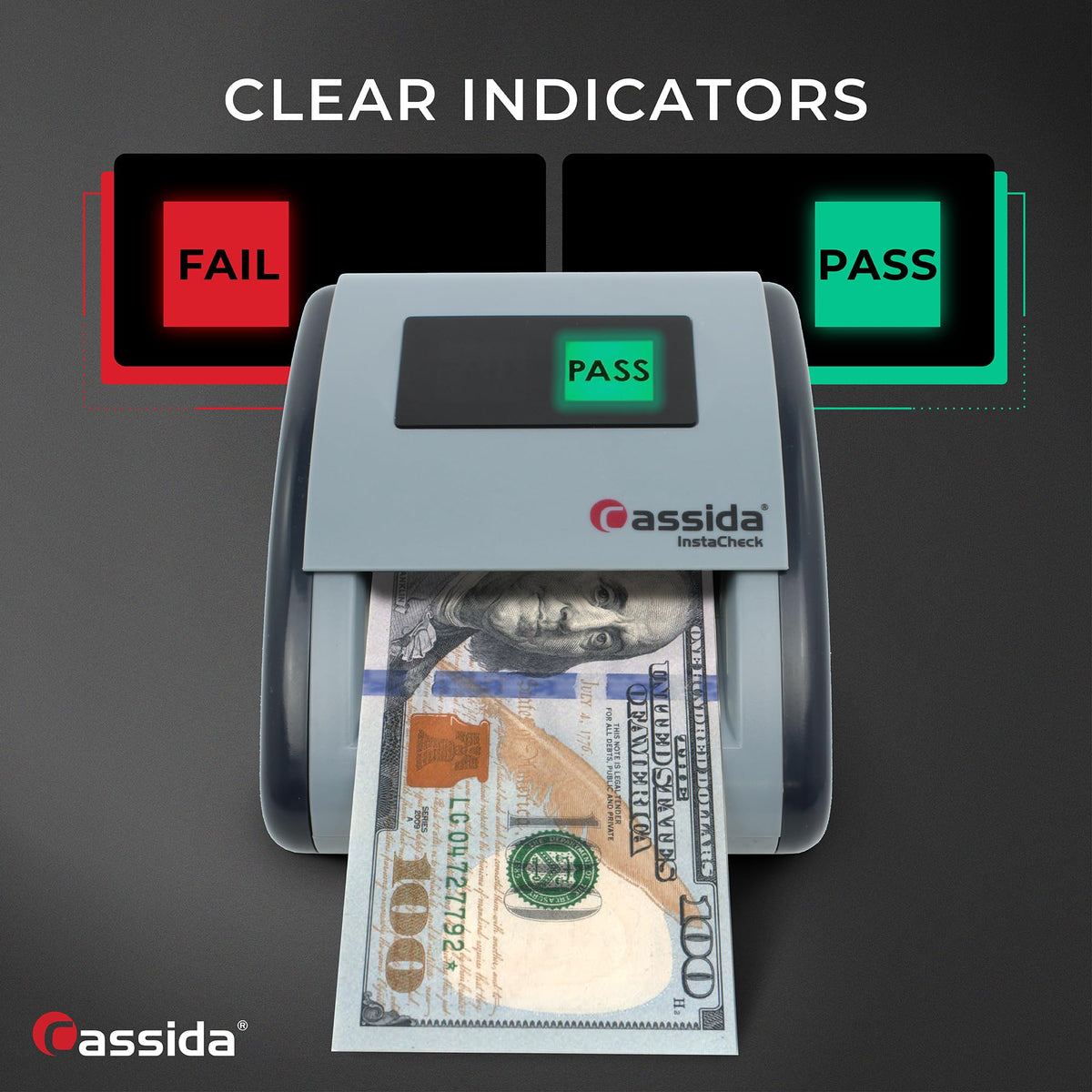 Cassida InstaCheck Small Footprint, Easy to Read Automatic Counterfeit Detector with Infrared, Magnetic and Ultraviolet Sensors, Compact and Lightweight Grey 11-3/4" x 9-1/2 (Pass/Fail)