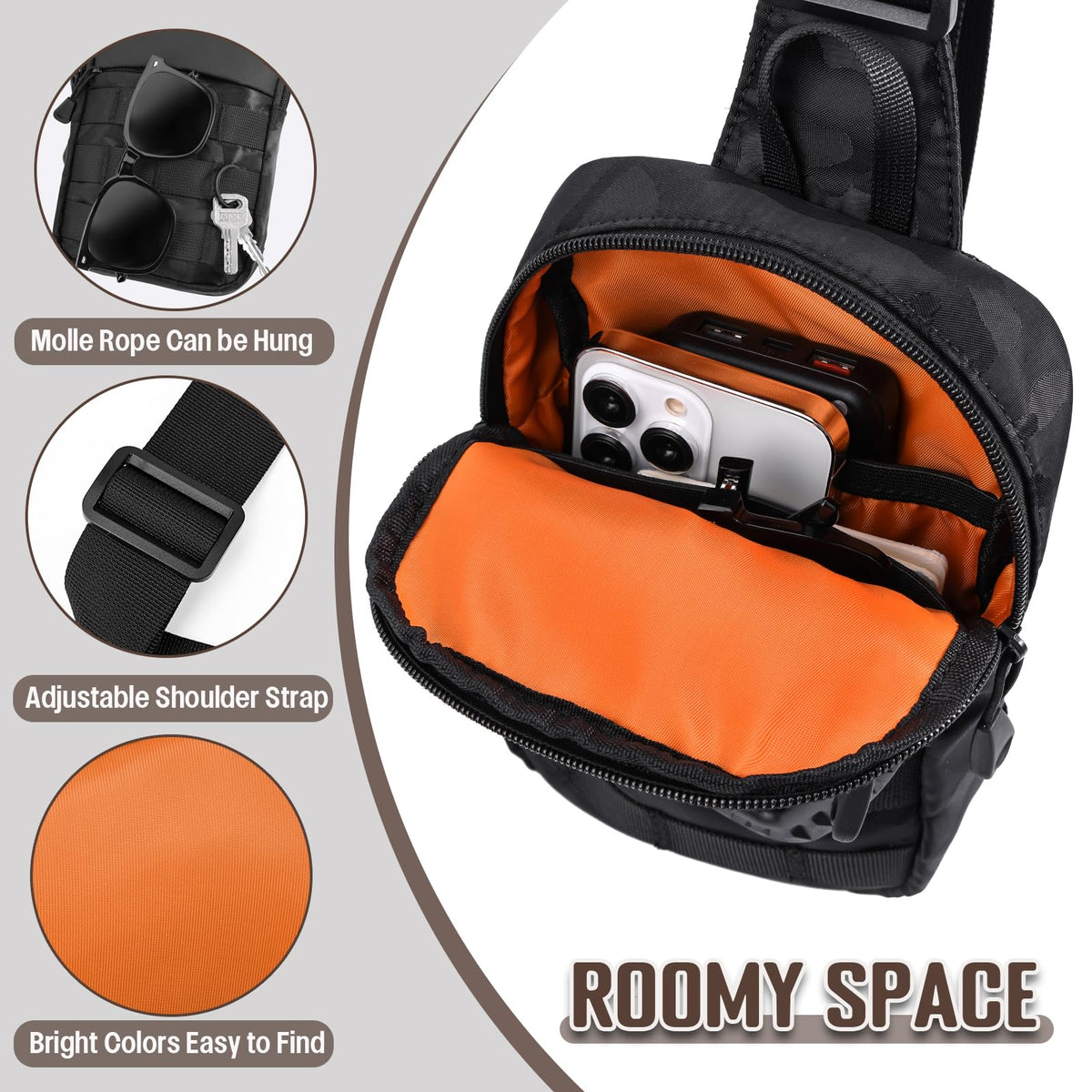 DEYACE Small Sling Bag for Men, Tactical Inspired Waterproof Utility EDC Mini Crossbody Chest Bag for Travel Work Sport (Black Camo)