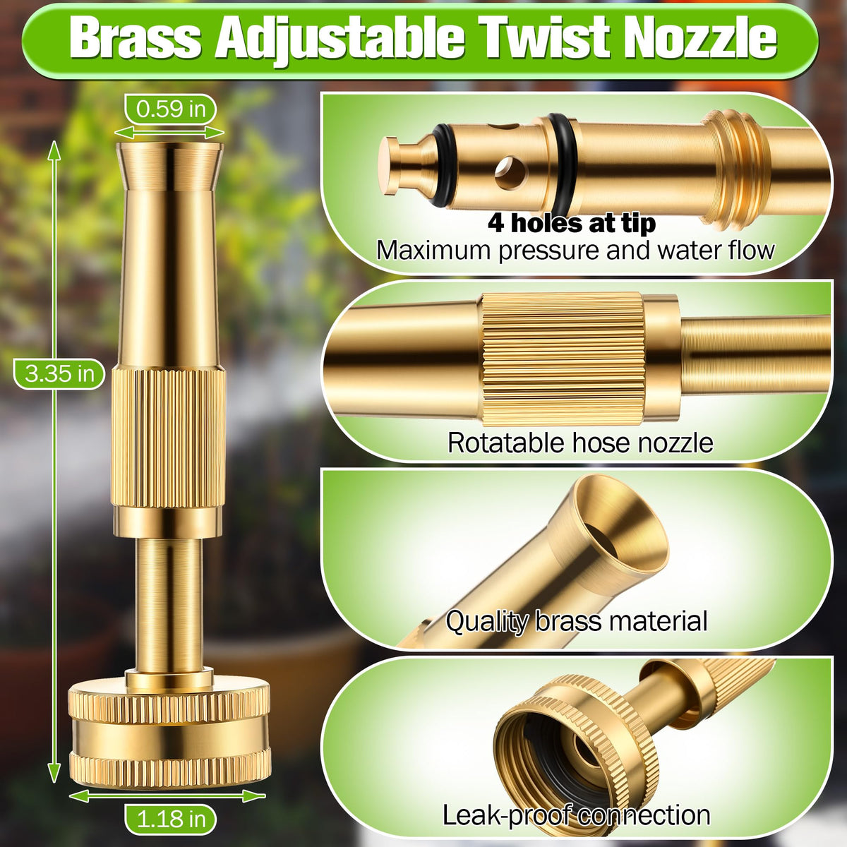 Dunkive 4 Pcs Garden Hose Nozzle Kit, 4" Brass Adjustable Twist Nozzle, Jet High Pressure Water Sprayer, Brass Hose Shut Off Valve with 10 Rubber Washers, 3/4" GHT Connector for Garden Sprinkler