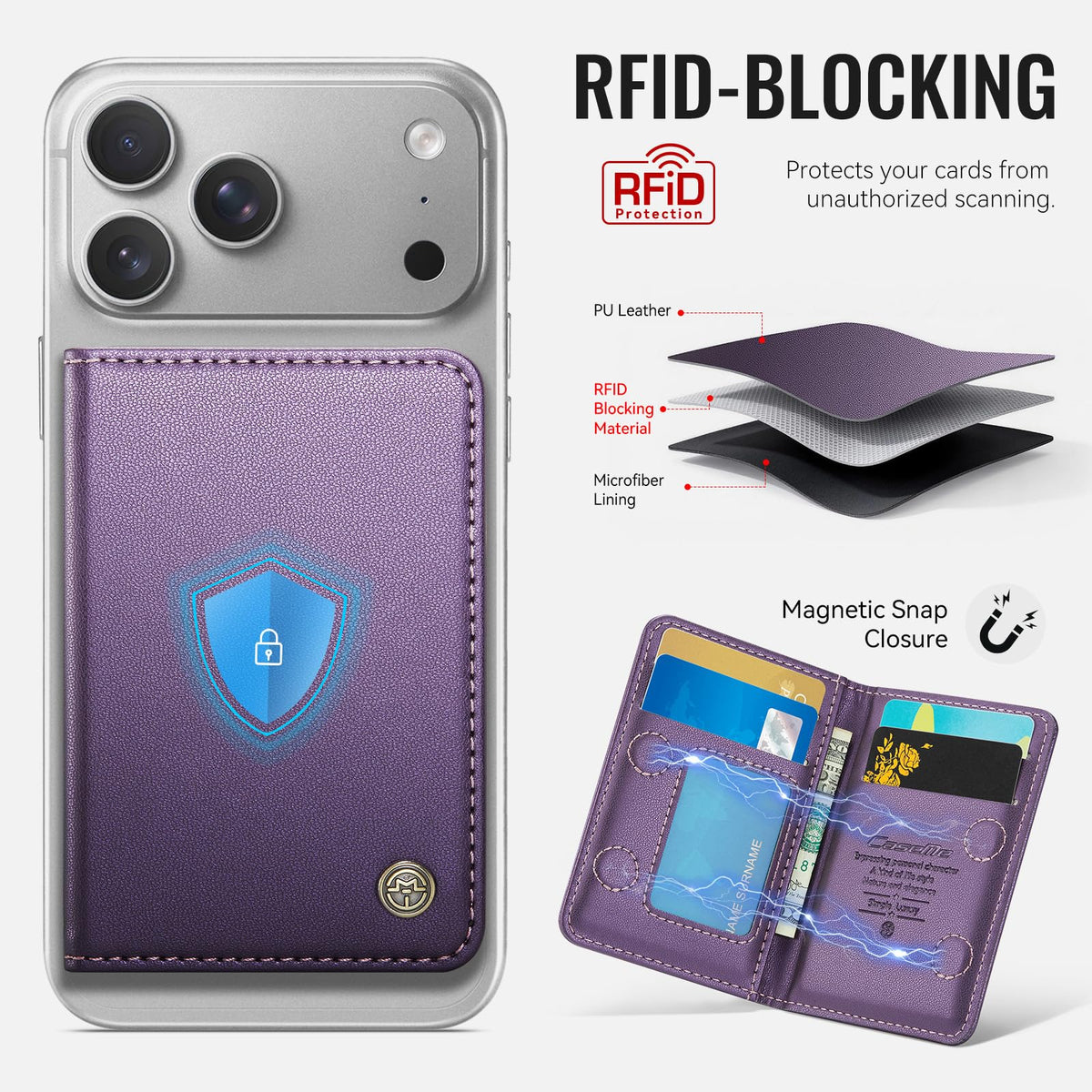 XIMAND Magnetic Wallet Card Holder with RFID Protection, PU Leather Slim Wallet, Strong Magnet Attachment for iPhone 18/17/16/15/14/13/12 Series Pro Max Plus Mini-Purple
