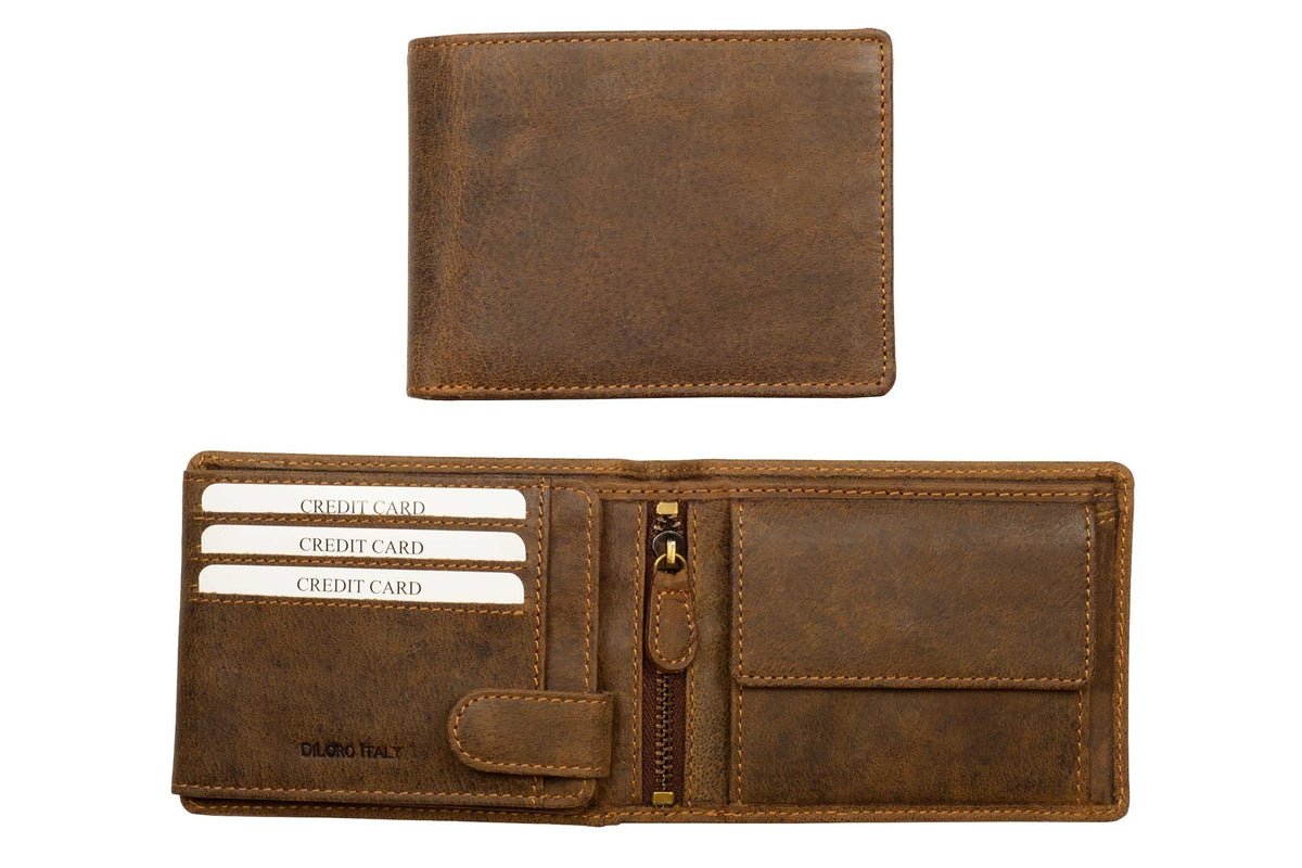 DiLoro Italy Full Size Mens Leather Wallet Bifold Flip ID Zip Coin Wallets with RFID Protection (Dark Hunter Brown With ID)
