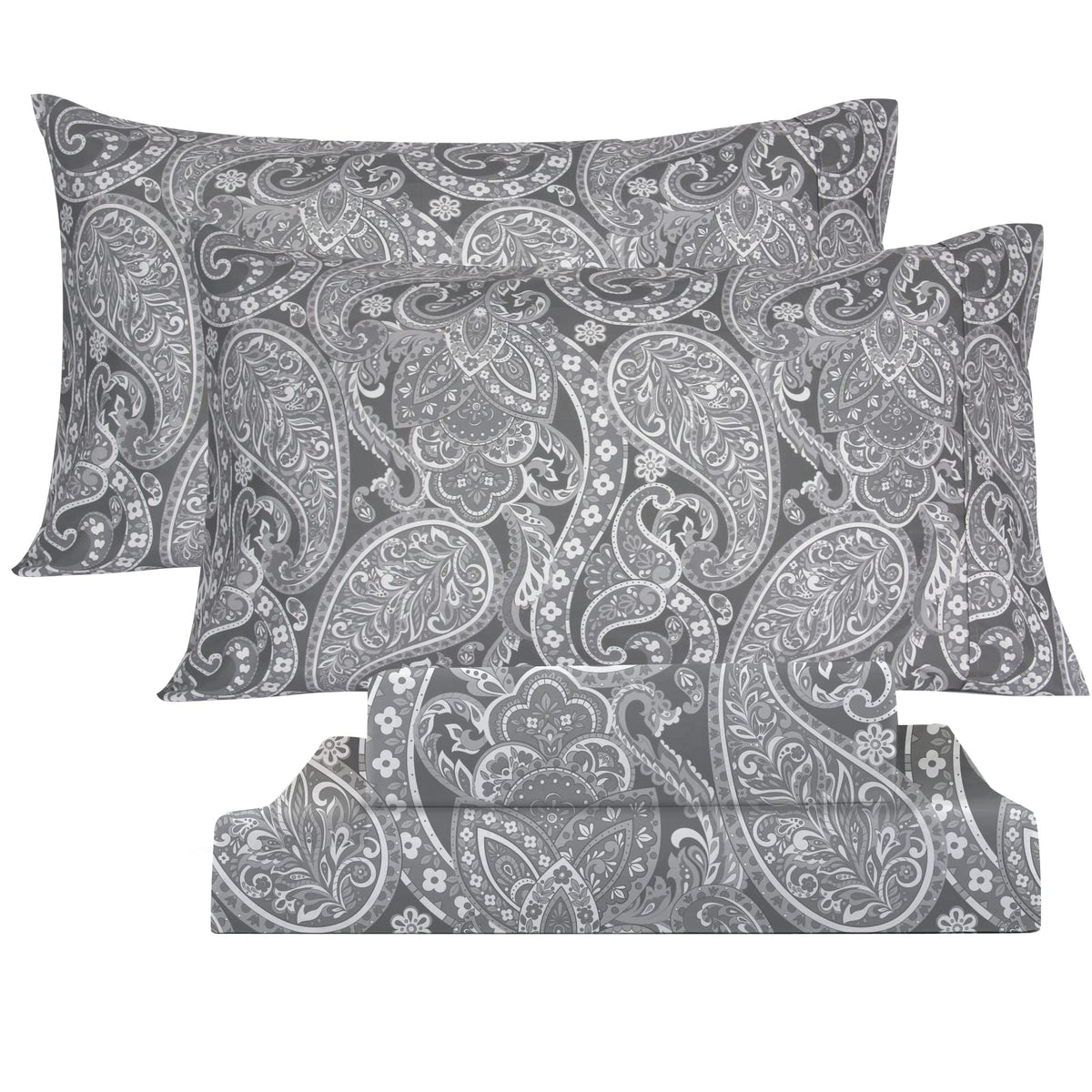 KACEMOO Bed Sheets California King Size Gray Paisley Sheets Printed Floral Sheet Set Flower Pattern Deep Pocket Fitted Bed Sheets Microfiber Soft Breathable 1800 Thread Count Double Bedding
