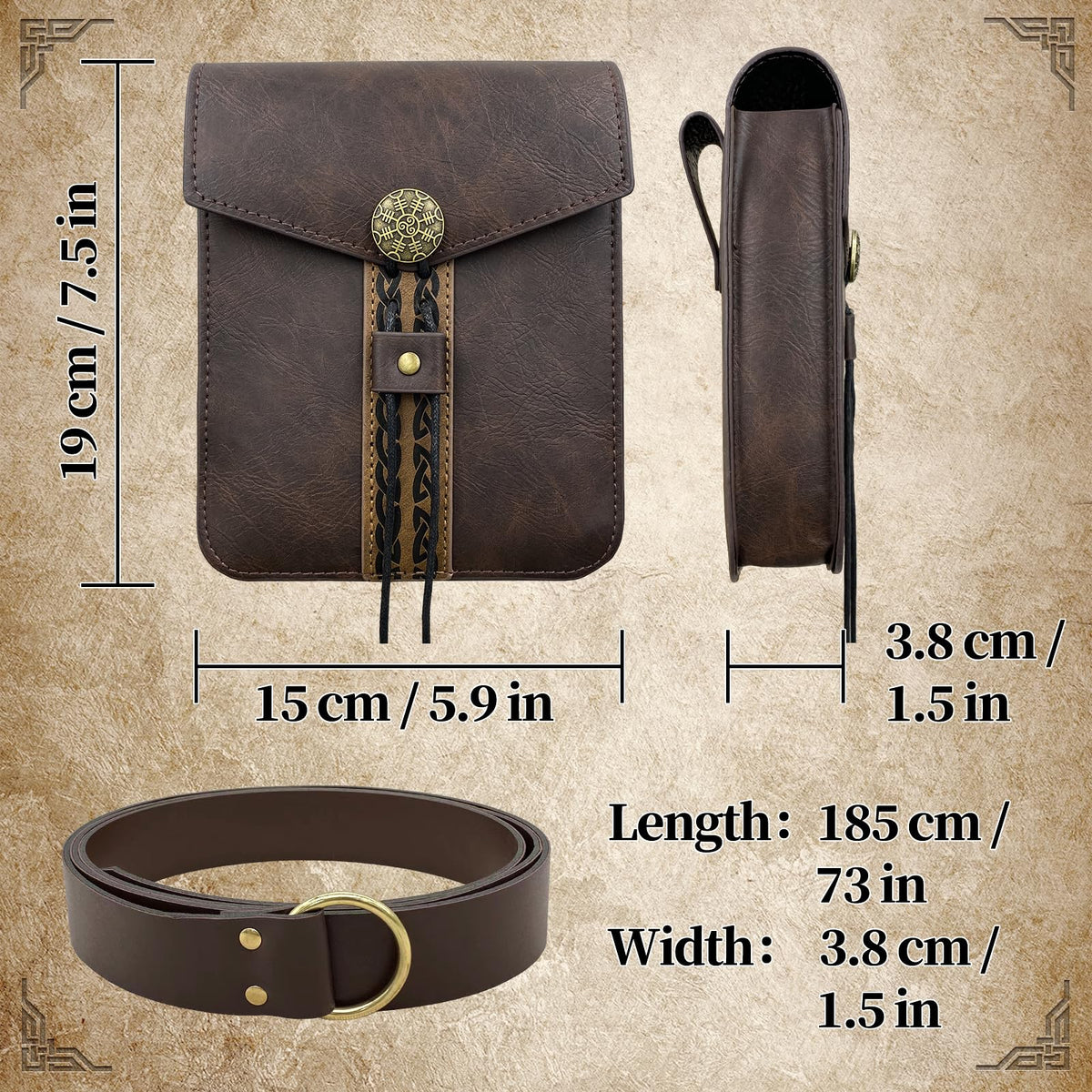 EpicCos 2 PCs Medieval Vintage belt Bag Set, Middle Ages Faux Leather Belt with Belt Pouch, Renaissance Costume Accessories (Brown A)