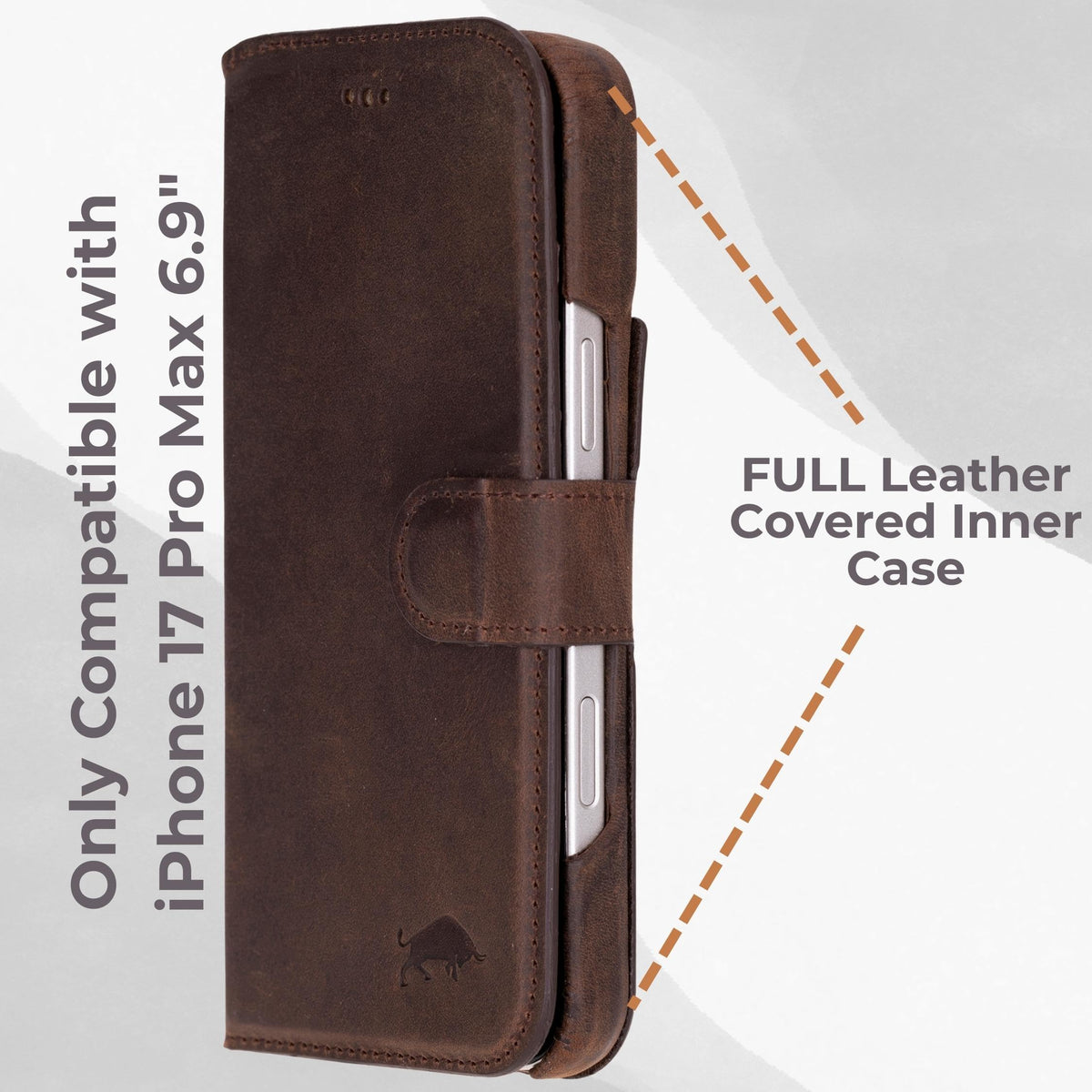 VENOULT Leather Wallet Case for iPhone 17 Pro Max, Full Grain Genuine Leather, Magnetic Detachable, 4 Card Holder, Buesiness Style, Compatible with MagSafe, RFID, Handmade (Vintage Brown)