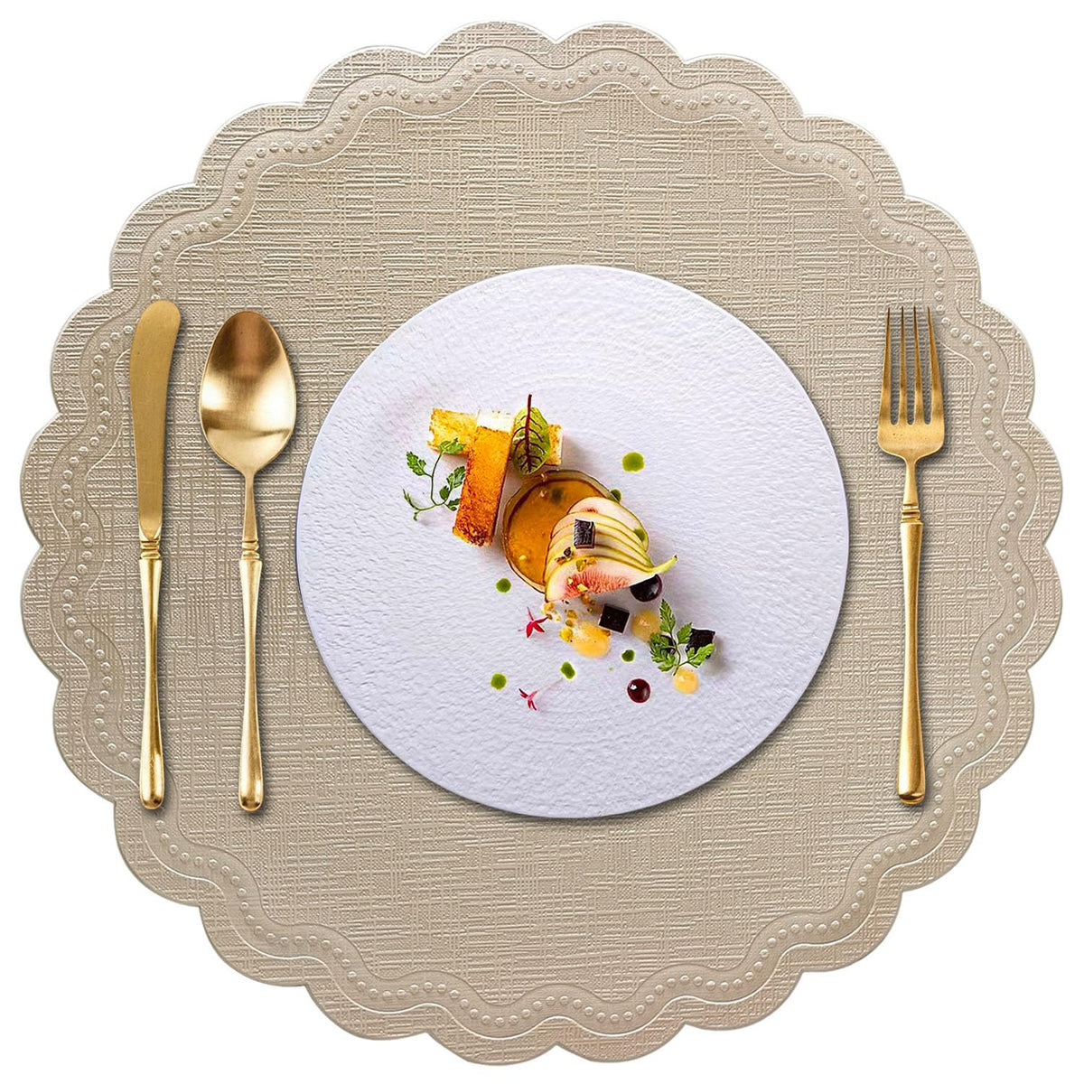 LINSBO Round Placemats Set of 6, 15 Inch Scalloped PU Faux Leather Non-Slip Heat Resistant Table Mats Decor (Light Champagne Gold)