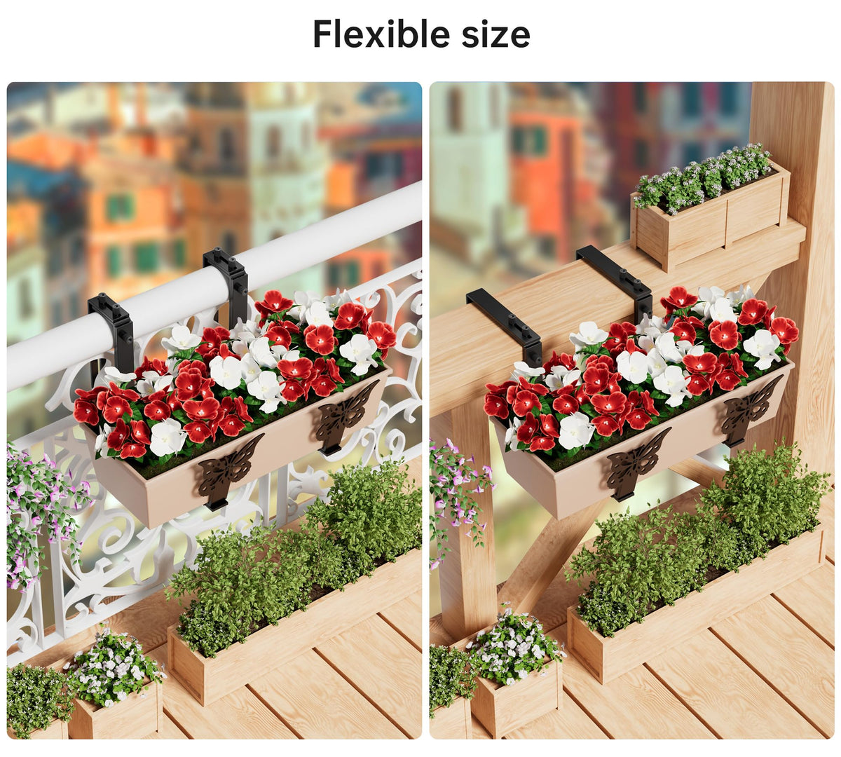 LAWYAMAI 6 Pack Window Box Brackets, Adjustable Planter Box Brackets, Universal Flower Box Bracket for Deck Railing, Heavy Duty Railing Planter Bracket for Balcony, Fence and Garden - Black
