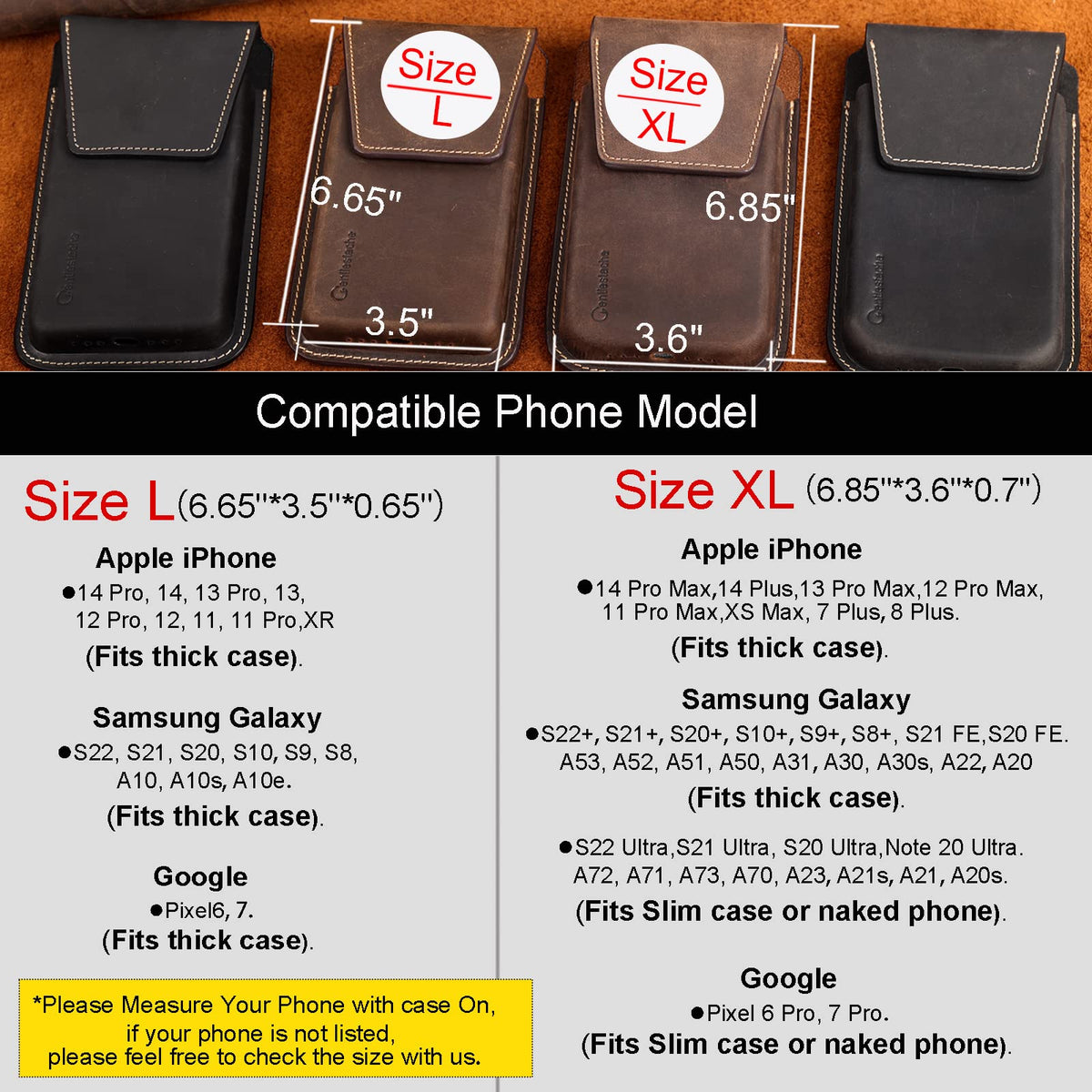 Gentlestache Leather Phone Holster for S25 S24 Ultra & Plus - Phone Holster Belt Case for iPhone 17 16 15 14 Pro Max & Plus - Magnetic Closure Belt Clip Leather Holder Pouch, XL, Black