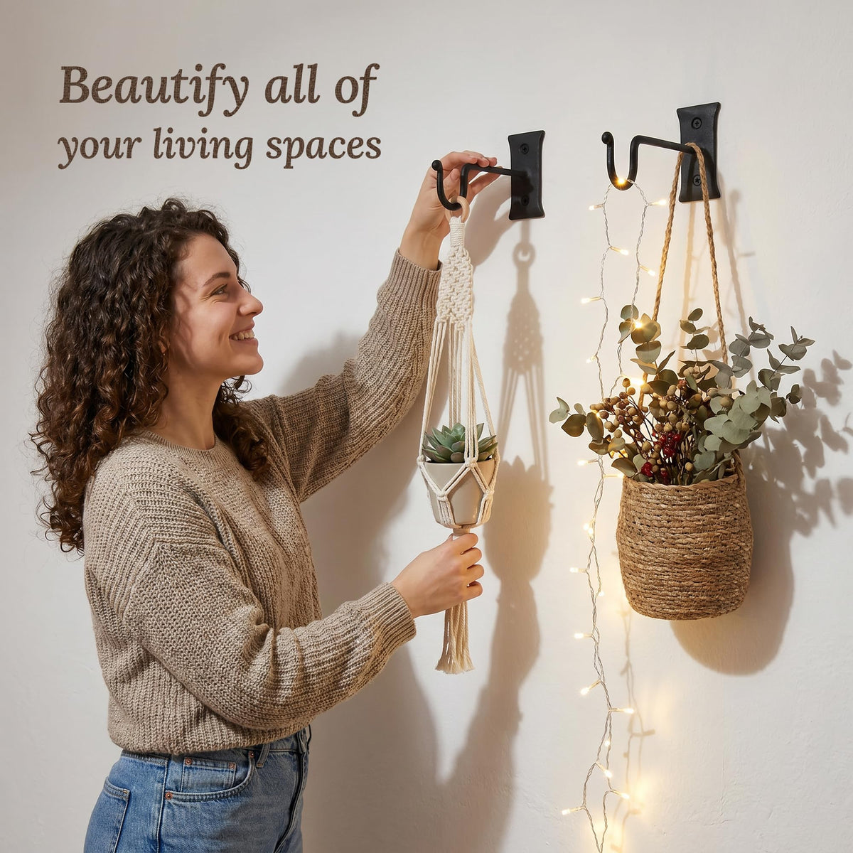 Hooks for Hanging Plants (2 Pack) Perfect for Hanging Planters for Indoor Plants or Outdoor Plants - Non Rusting Wall Hooks for Hanging Plants, Baskets, Lanterns, Feeders (7.5 inches, Black)