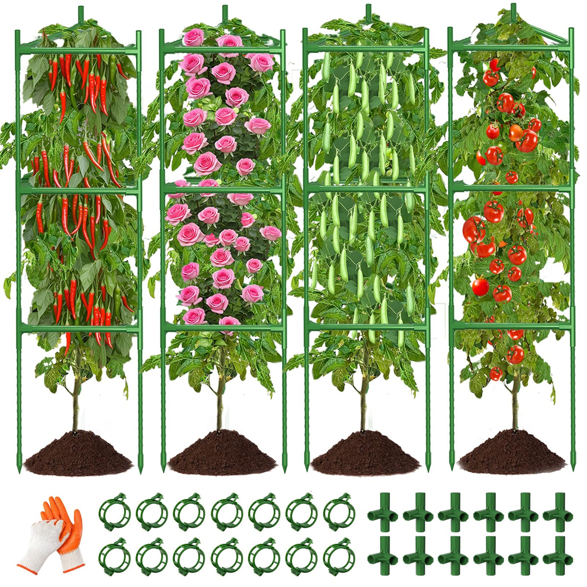 4 Pack Large Tomato Cage for Garden Up to 49" H X 16" W Metal Plant Support Stakes with Clips Triangle Pea Cages Cucumber Trellis for Vegetables Pots Vines Flowers Climbing Plants