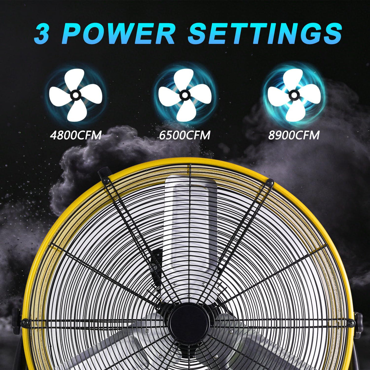 WARMLREC 24" Industrial Floor Fan, 8900 CFM High Velocity Drum Fan with 3 Speeds, Portable Heavy Duty Industrial Fan for Warehouse, Workshop, Factory, Commercial, Residential and Greenhouse Yellow